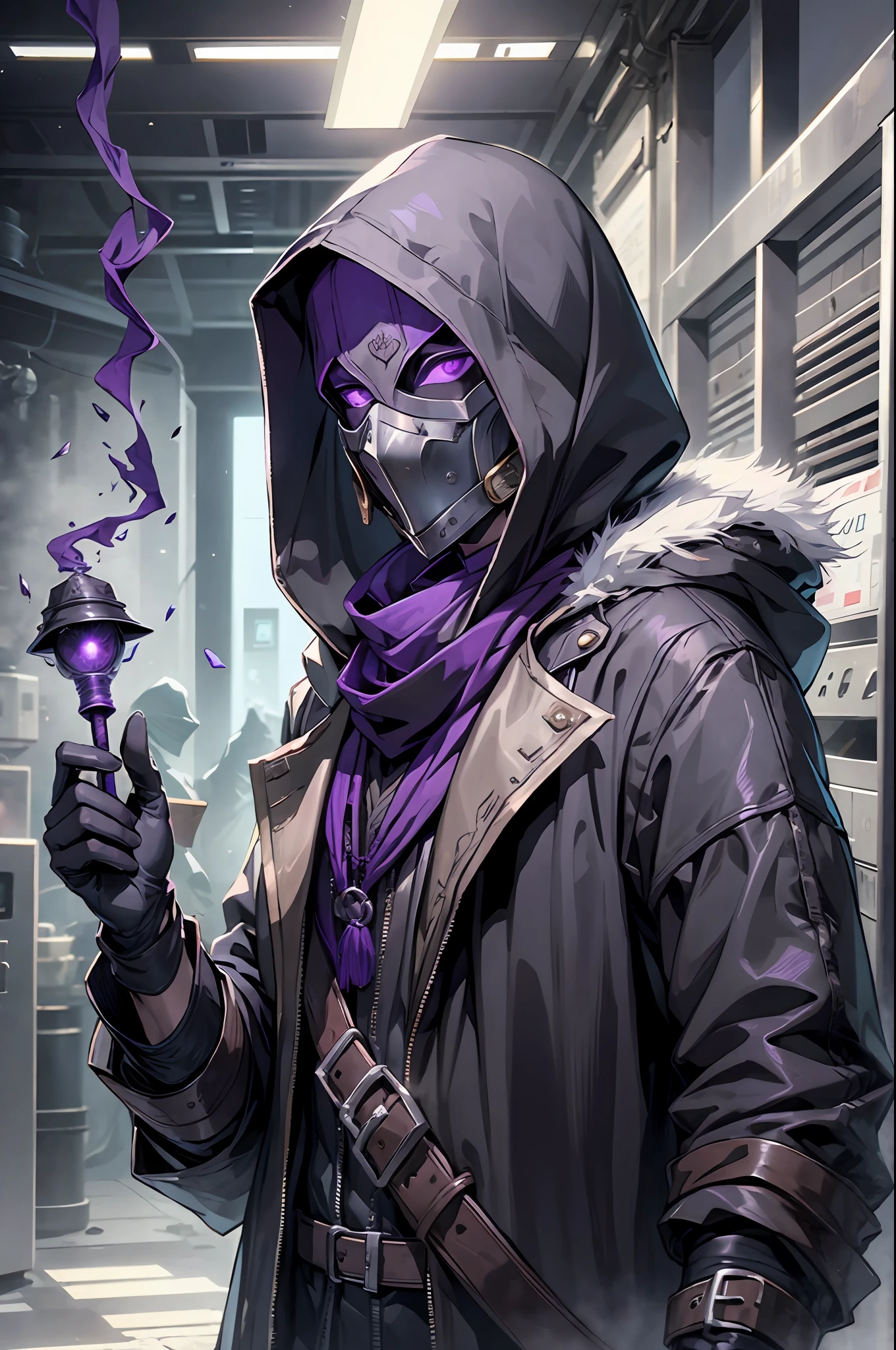 Young man wearing plague doctor mask, with a dark purple scarf, wearing a black hoodie, radiation containment clothing, mask covering the whole face, no skin to show, wearing gloves