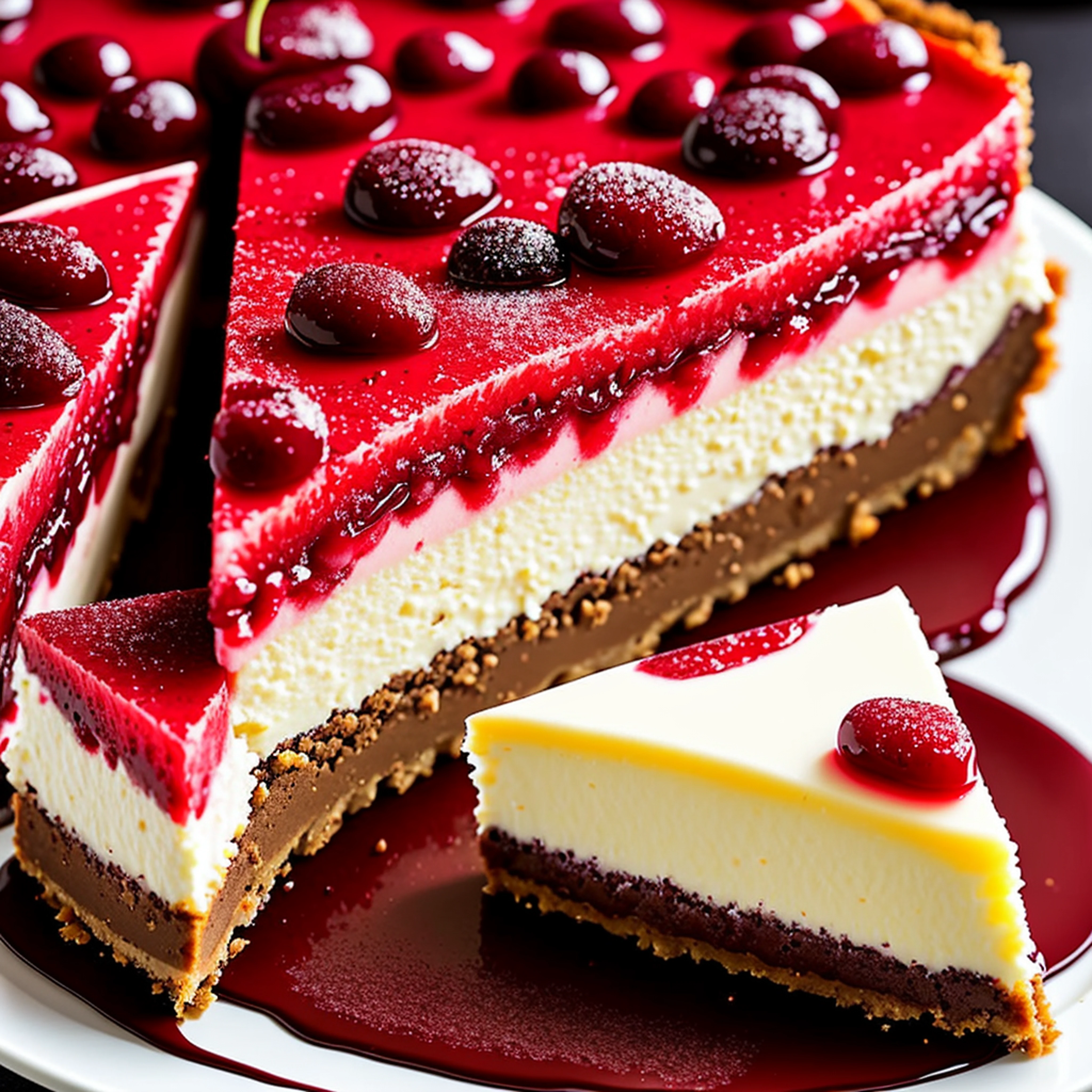 Appetizing slice of cherry cheesecake with chocolate, delicious, fragrant, detailed professional photography and light, close-up