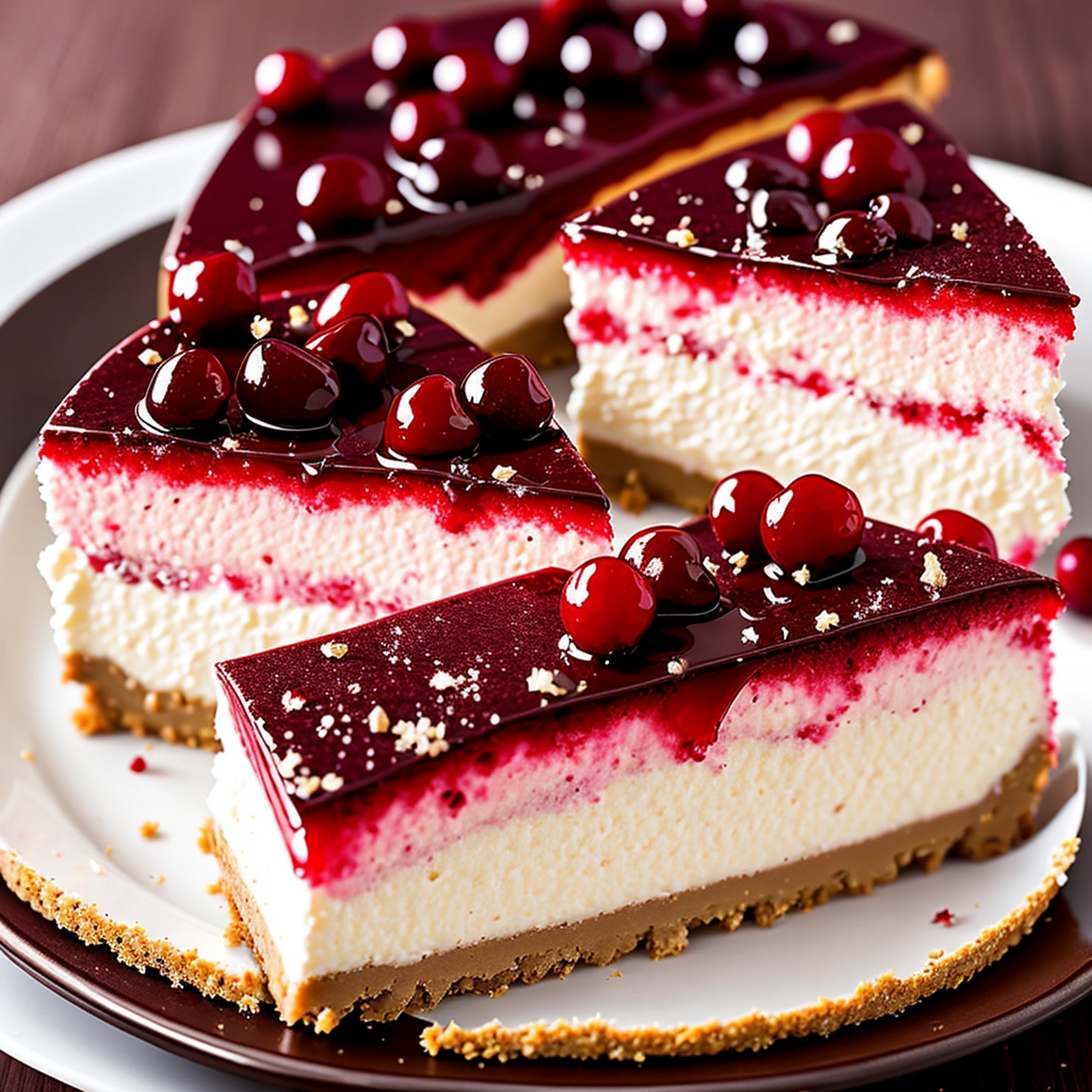 Appetizing slice of cherry cheesecake with chocolate, delicious, fragrant, detailed professional photography and light, close-up