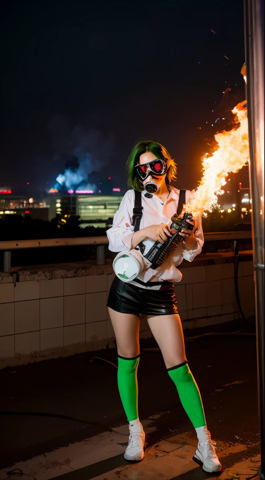 Short hair, green hair, setting fire from flamethrower, middle school student in underwear, , gas mask, high socks, rooftop at night, huge background neon sign, leather gloves, background city is burning