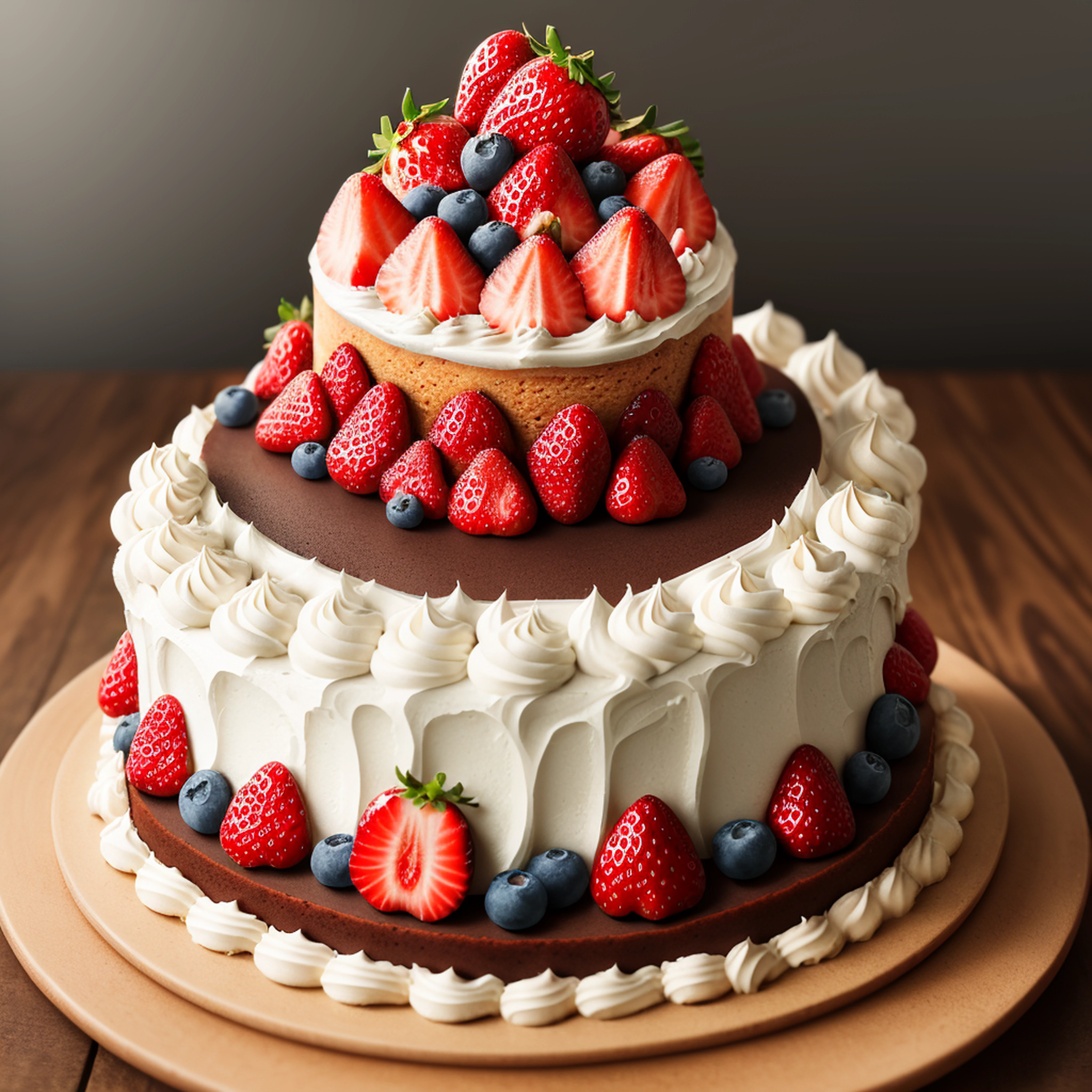 A strawberry cake with a rustic background with good lighting