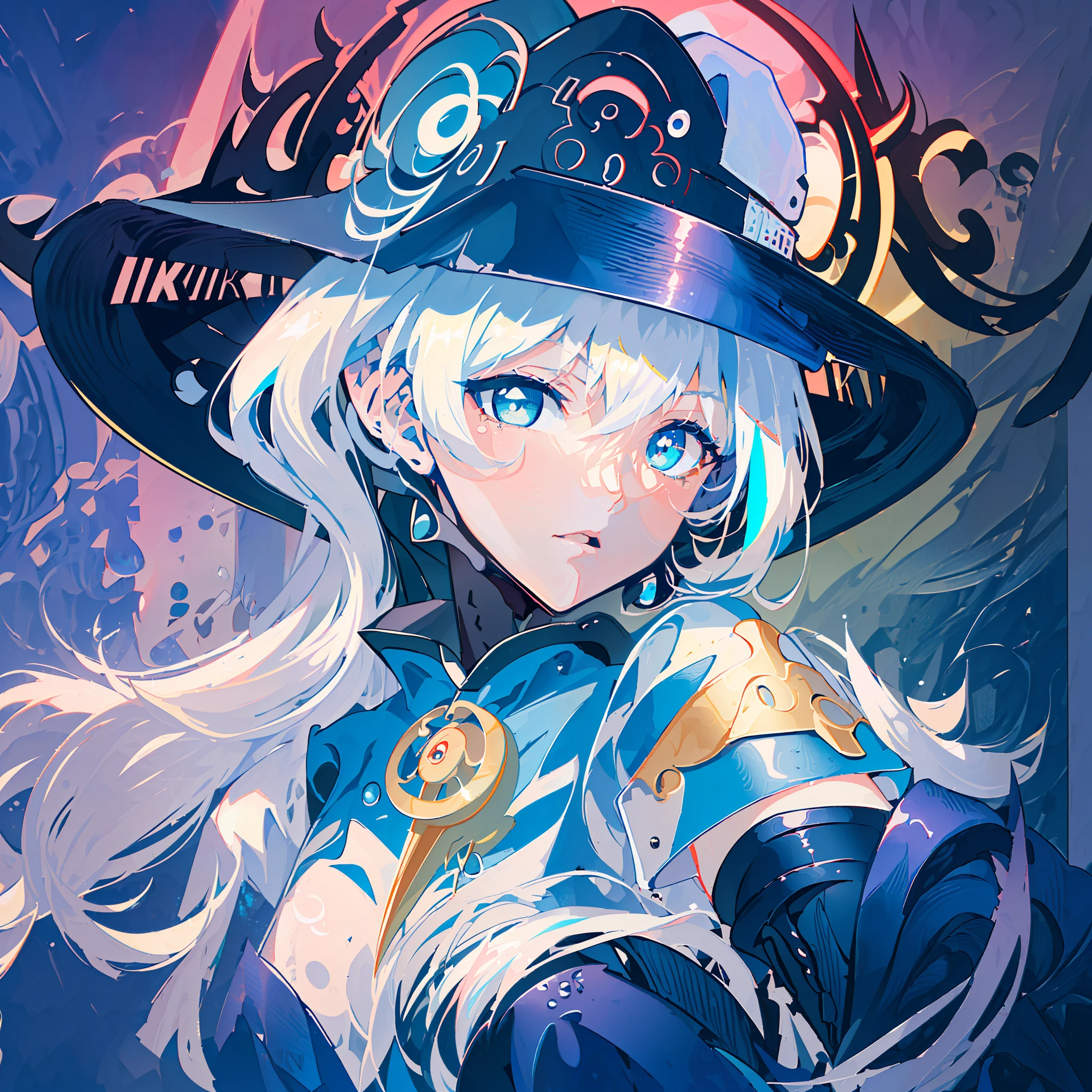 ((((8K quality)))), (((anime style))), medium height girl, (((short white hair with blue highlights))), (((blue eyes with pupil shaped of drops)))), (((old london dark blue hat))), ((old london dark blue clothes)), black gloves, ((evil))