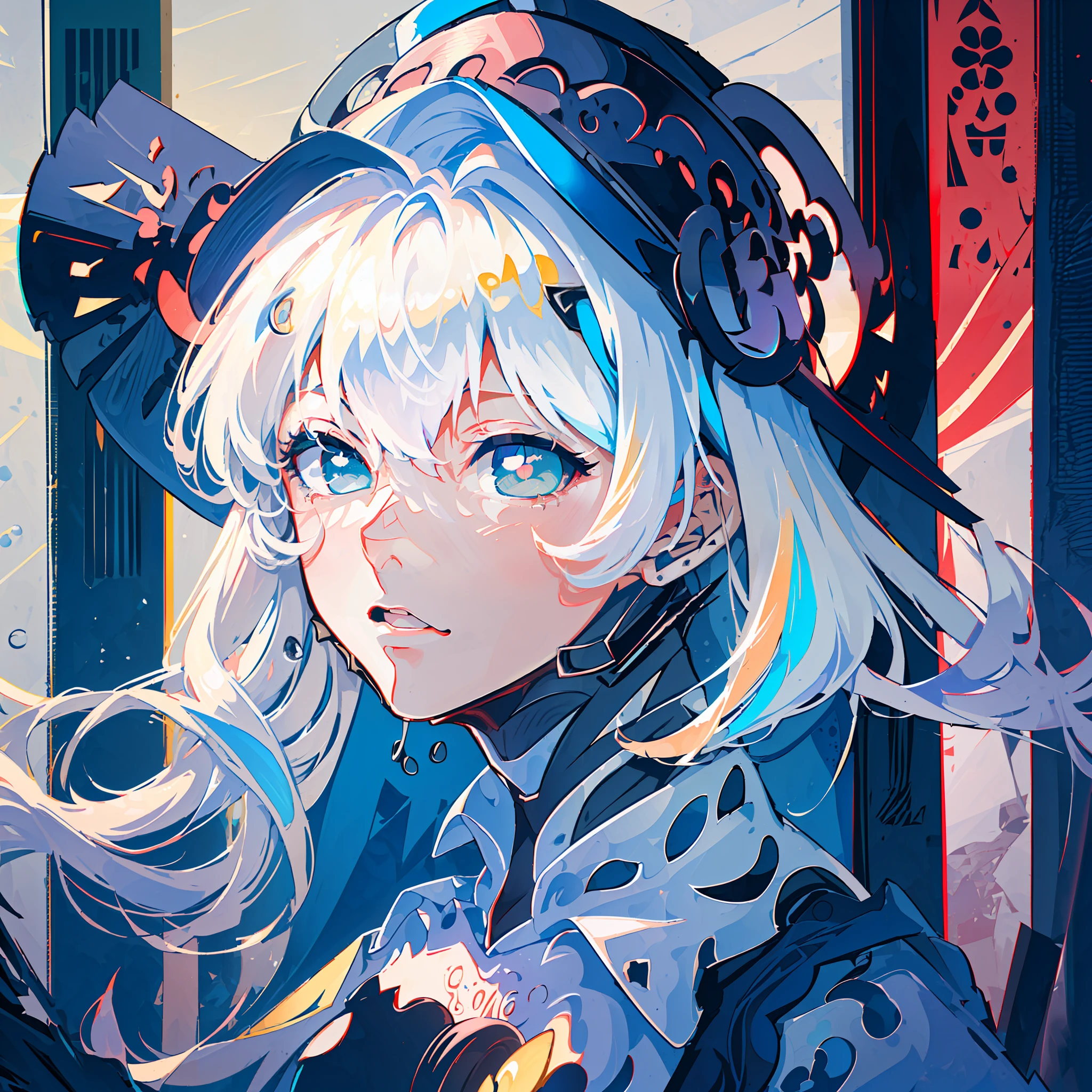 ((((8K quality)))), (((anime style))), medium height girl, (((short white hair with blue highlights))), (((blue eyes with pupil shaped of drops)))), (((old london dark blue hat))), ((old london dark blue clothes)), black gloves, ((evil))