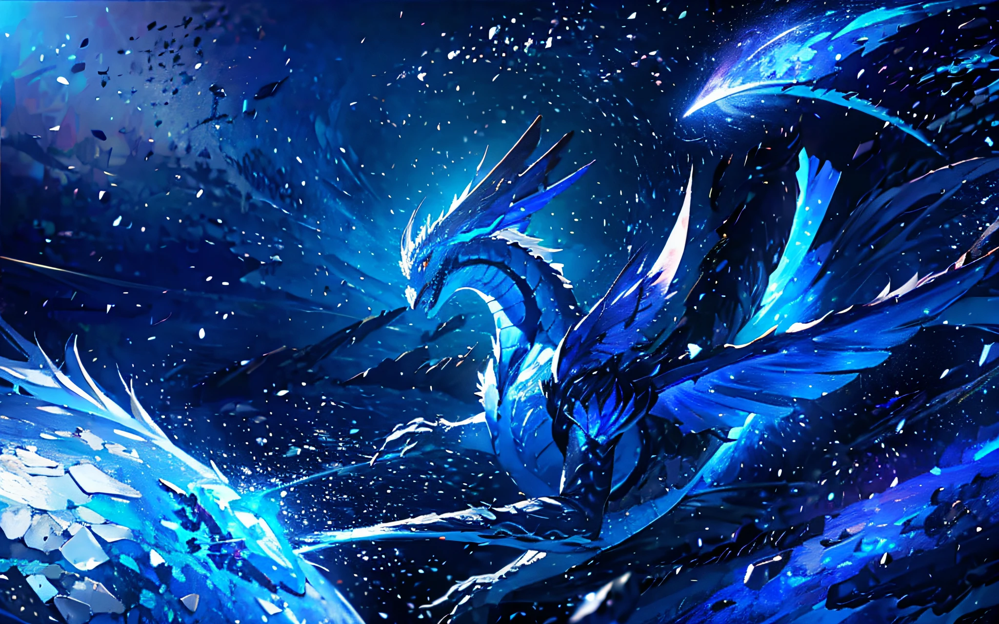 dragon with blue wings flying over the earth in space, blue eyes white dragon, frost dragon, crystal dragon, amazing space creature 4 k, blue dragon, 4 k hd wallpaper very detailed, blue phoenix bird, dragon art, highly detailed fantasy art, epic dragon, cyan chinese dragon fantasy, ''wallpaper of a phoenix resting, high quality fantasy art, amazing wallpaper