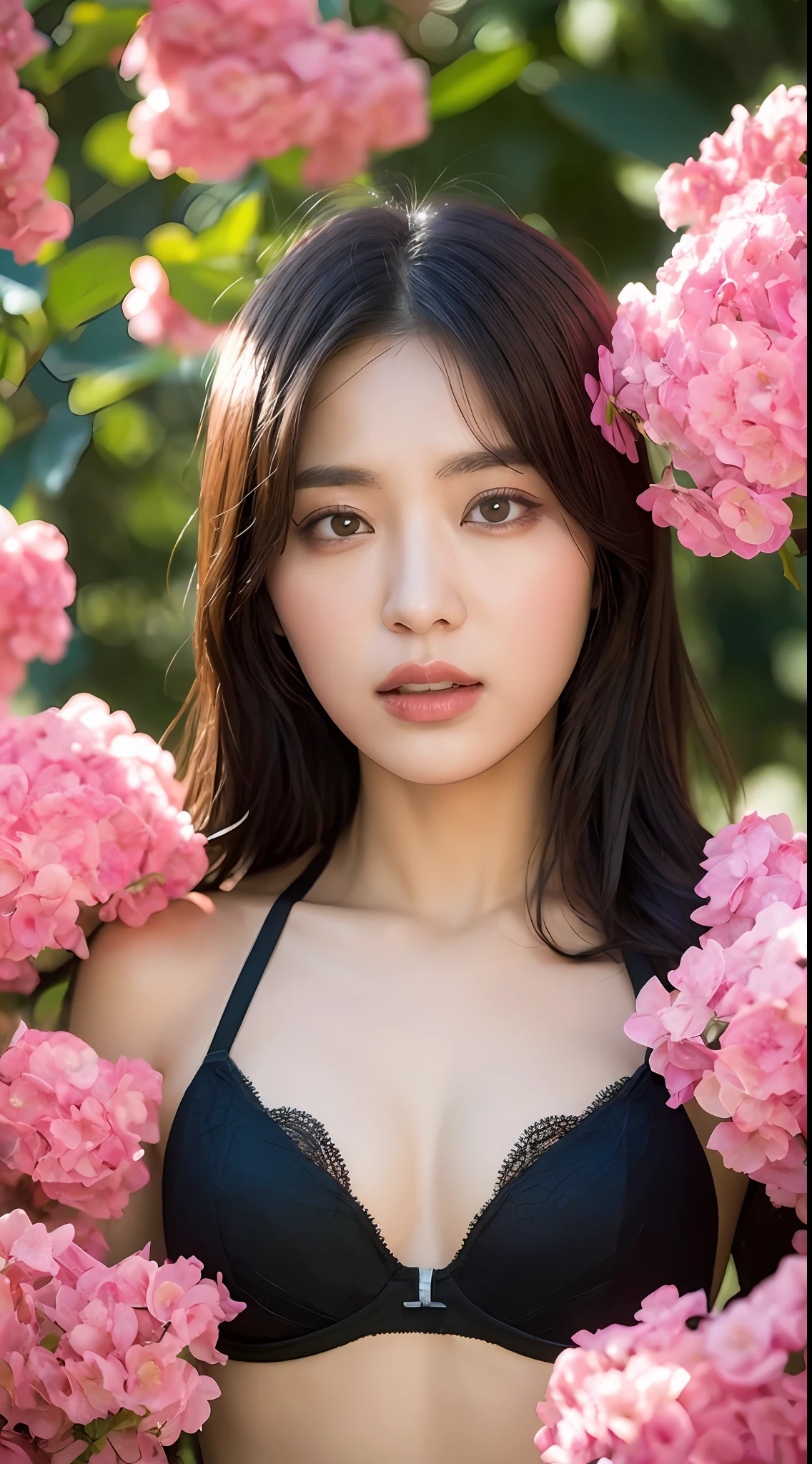 ((Top Quality, 8k, Masterpiece: 1.3)), Crisp Focus: 1.2, Beautiful Women in Perfect Style: 1.4, Slender Abs: 1.2, ((Dark Brown Hair, Big: 1.2)), (Pink Bra: 1.3)), Street: 1.2, Highly Detailed Face and Skin Texture, Detailed Eyes, Double Eyelids (Pink Bougainvillea Mess on Background: 1.4)