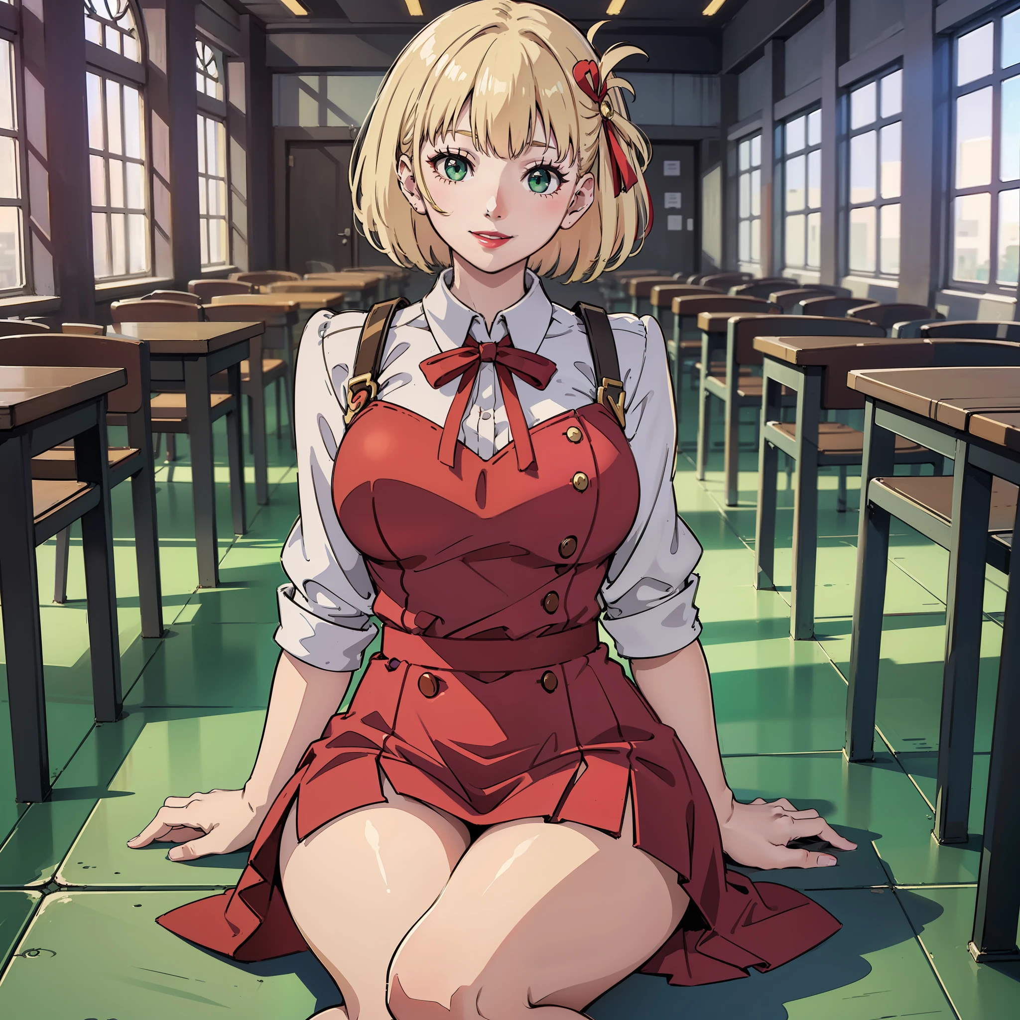Girl, white skin, short blonde hair, red bow in hair, smile, green eyes, lipstick on lips, thin lips, round and pequneno nose, medium breasts, black and red dress, golden brooch, perfect hands, thick thighs, sitting on the floor, embarrassed, notebooks on the floor, middle of the school hall