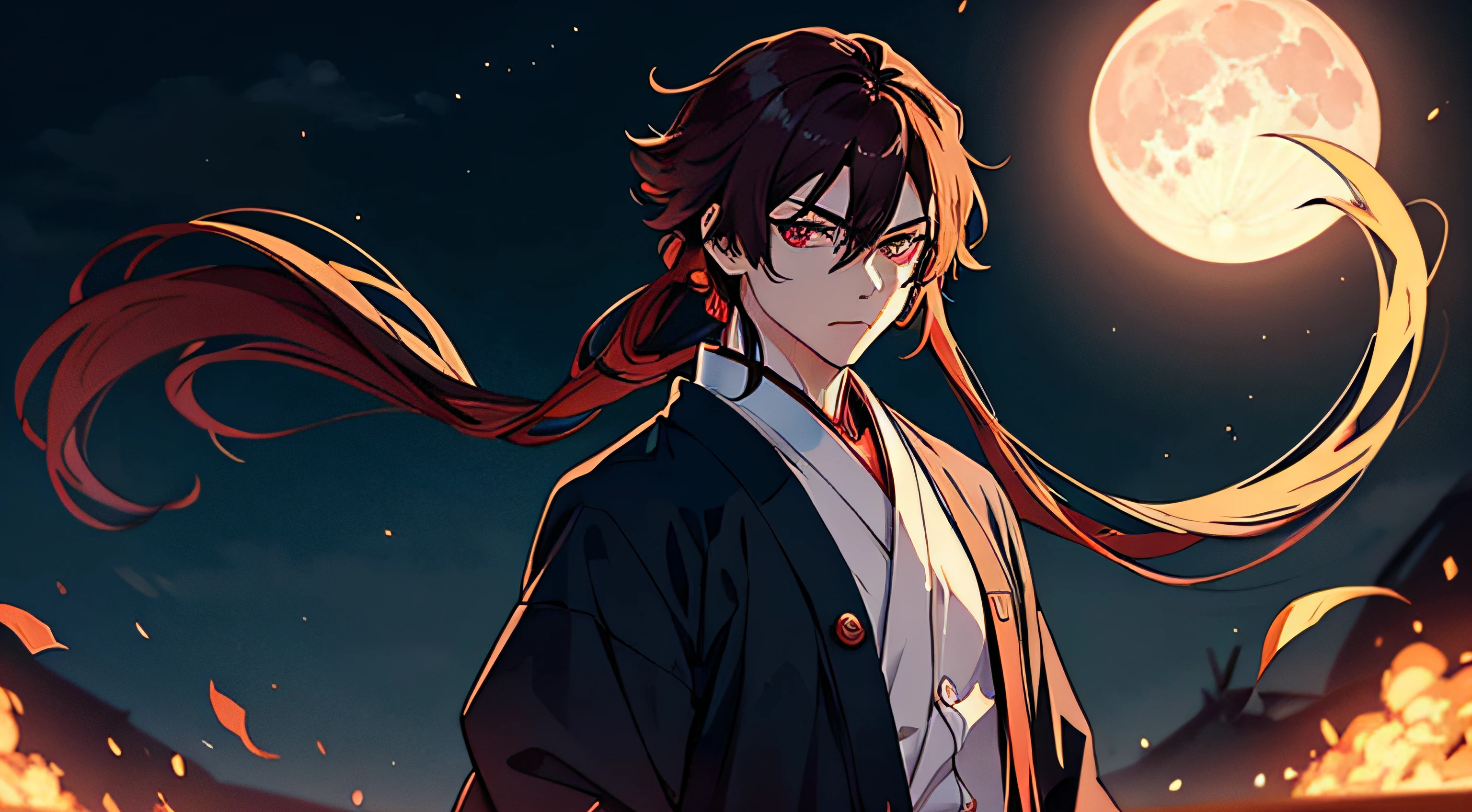 Describe an image of a character inspired by Tanjiro Kamado, the protagonist of Kimetsu no Yaiba. Anime-style, a male character with a red-eyed appearance, a large dark reddish hair, with a brave look in the background of a gloomy nightscape with the full moon in the background --auto