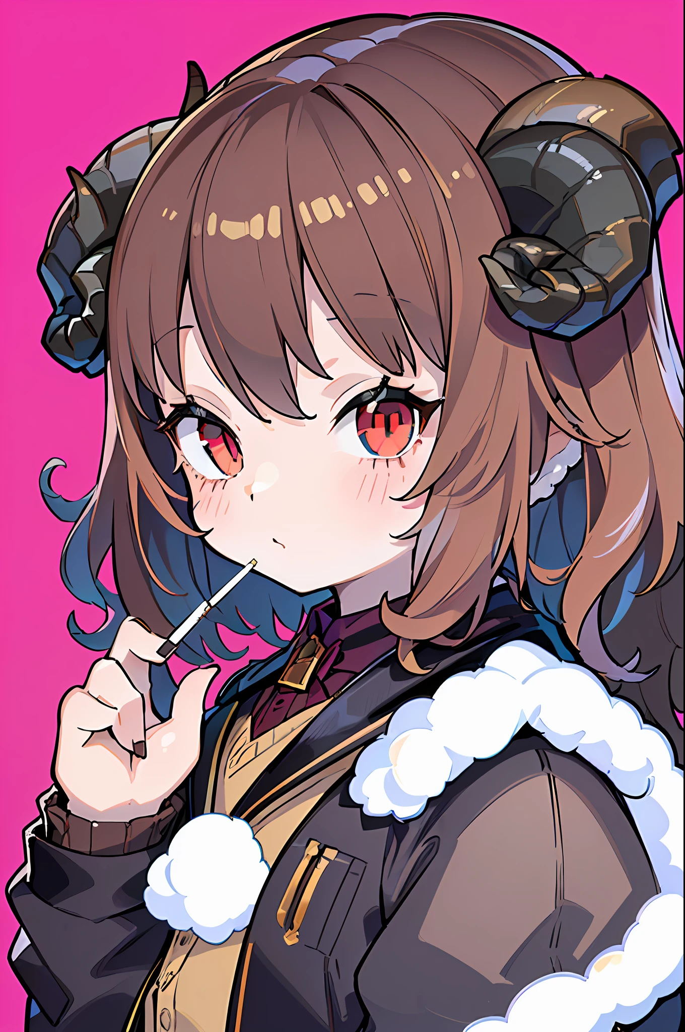 ((portrait):1.5),(( /with sheep's horns):1.5), bulging hips,((brown curly hair):1.2),(wearing a vest:1.4),(black shoes:1.5) ((red eyes):1.3), smoking a cigarette,((single background):1.5),4k,