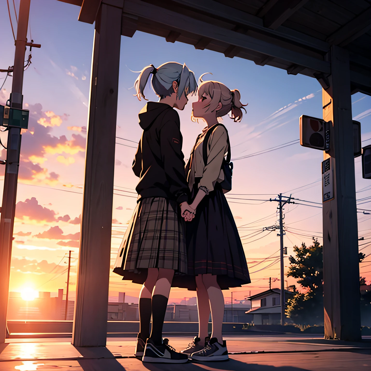 Anime light girl, a short-haired girl named Yui, wearing a short checkered skirt, sneakers, a single ponytail, under the sunset, holding the boy's hand, kissing,