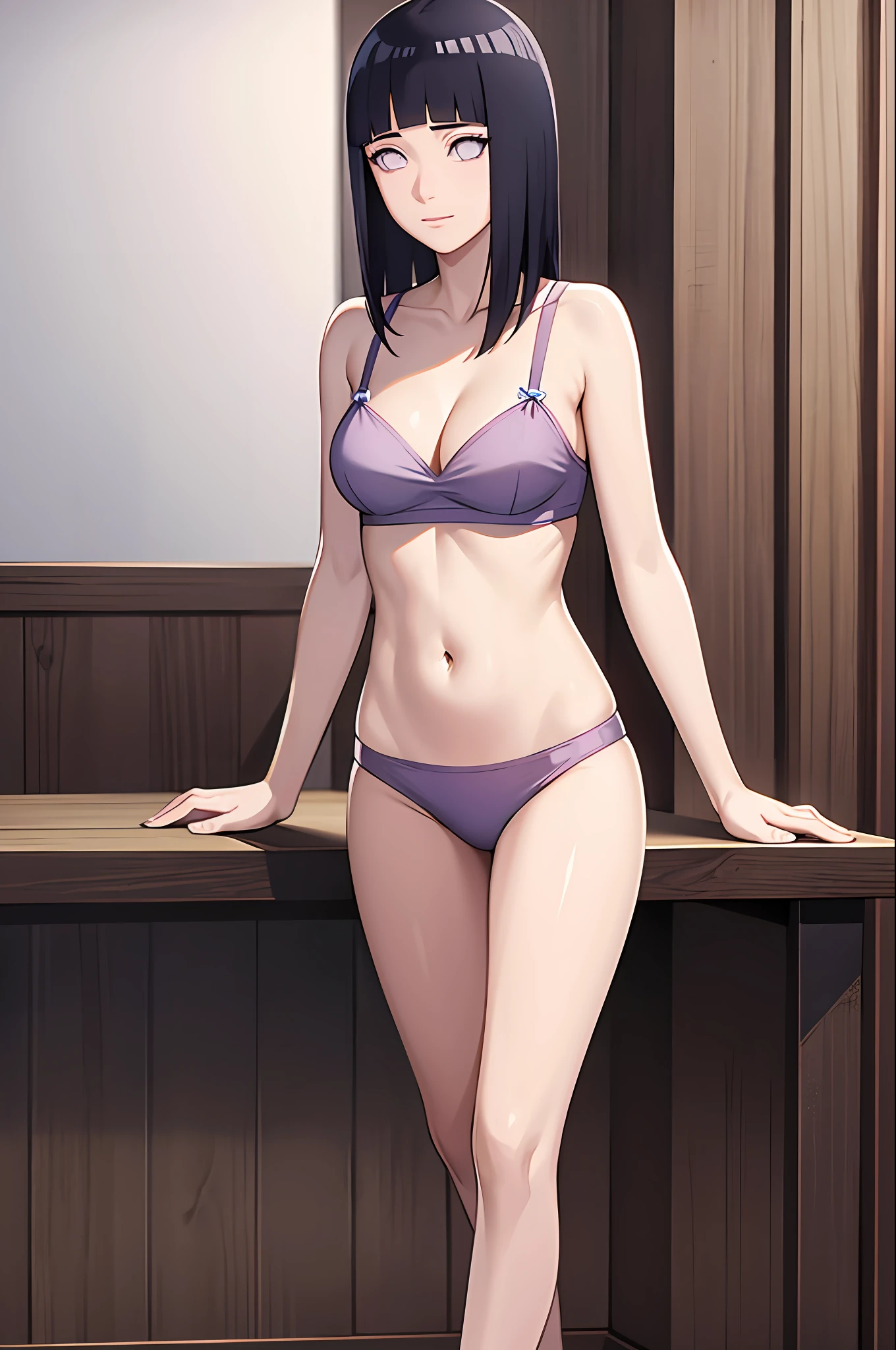 masterpiece, best quality, hinata/(boruto/), long hair,  medium breast, cleavage, navel, slim legs