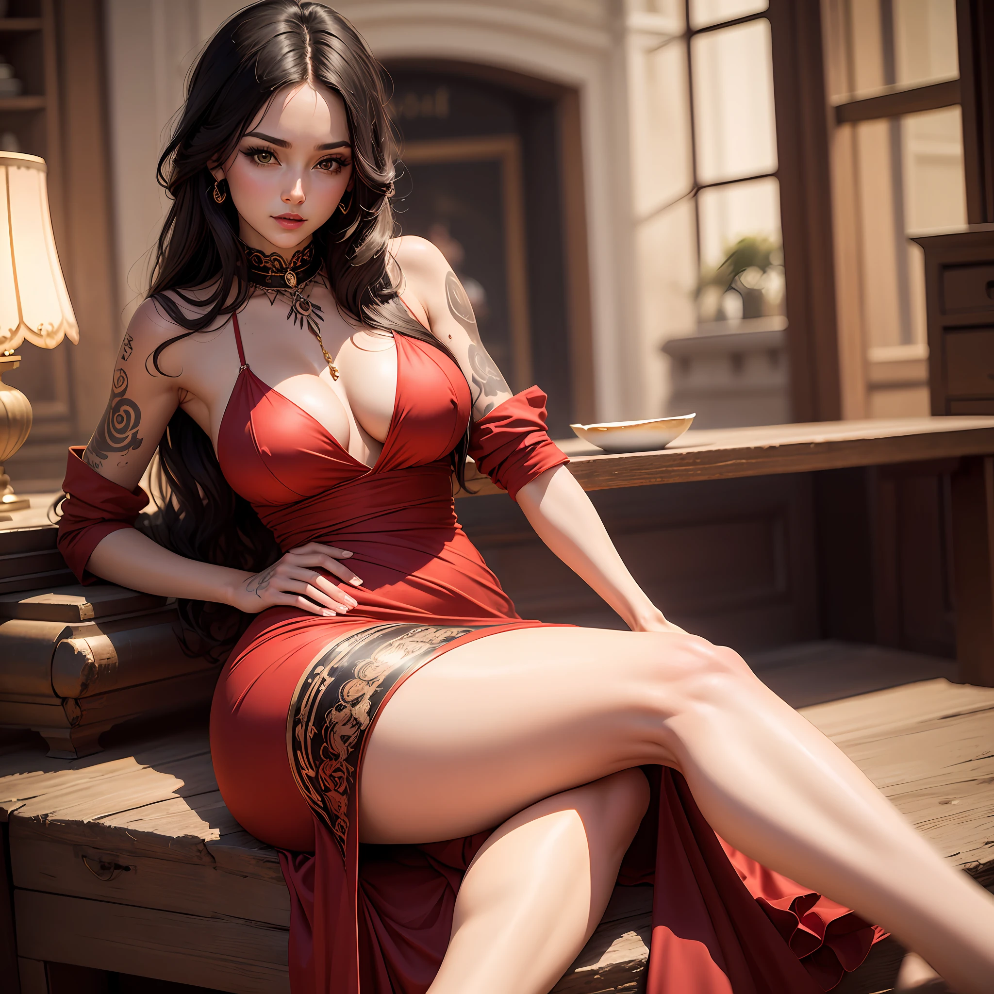 Monaliza of the leoardo da vince wearing a long gorgeous red dress she very sexy and attractive on her leg has a tattoo written Leonardo da vince