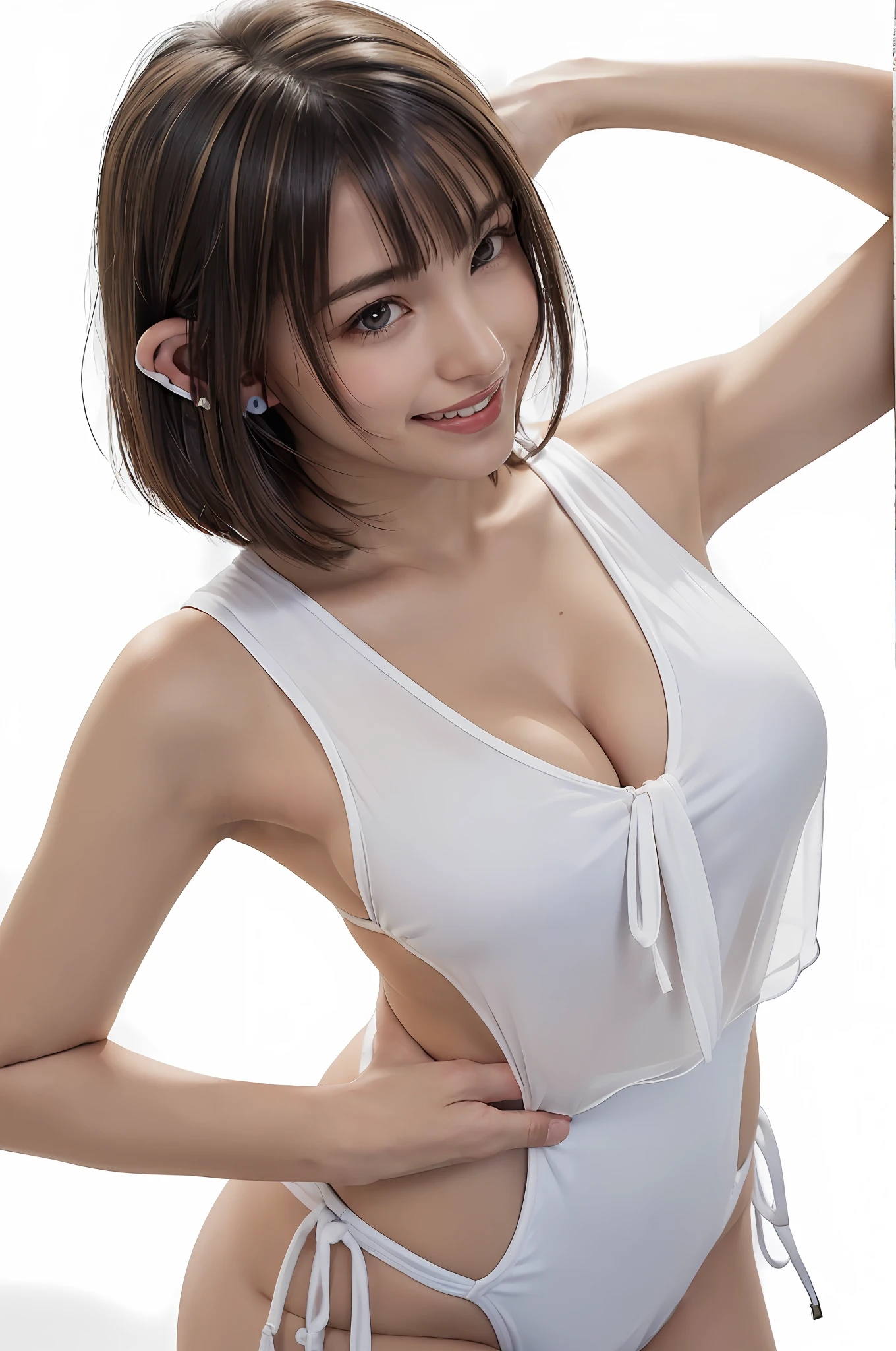 ((Masterpiece, Best Quality)), One Girl, (Photorealistic: 1.4), Solo, Really Immaculate Background, Black Hair, Short Hair, Absolute Area, Mini Skirt, ((Beauty, Cute, 20 Years Old, Bangs, Little Smile, White Clothes, White Outfit, White Outfit, Ears Out, Off Shoulder, Sleeveless, Lashes)), Big Breasts, Masterpiece, Best Quality, Ultra High Resolution, (Photorealistic Photos: 1.4), ( (1 girl, white fair skin: 1.4, looking down on the viewer from above, face close-up, 19 years old, pretty, cute, black hair, bob_cut, short hair with bangs, big breasts)), (bikini swimsuit, simple blue and white two-tone swimsuit, blue and white swimsuit, naughty swimsuit, (portrait of a beautiful and famous actress), (smile, happy, joyful, cheerful, close mouth), (breasts tucked between arms and breasts), High detailed eyes, ((((really pure white background, nothing background))), long neck, (((short hair with bangs, bangs)))), eyelashes, big eyes, (((very beautiful, very beautiful, tremendously beautiful, clean collarbones, clean bangs)), (((natural light, ears, sheer, see-through, transparent, huge, big thighs, big buttocks, highlights in the eyes, swimsuit with a small area)))