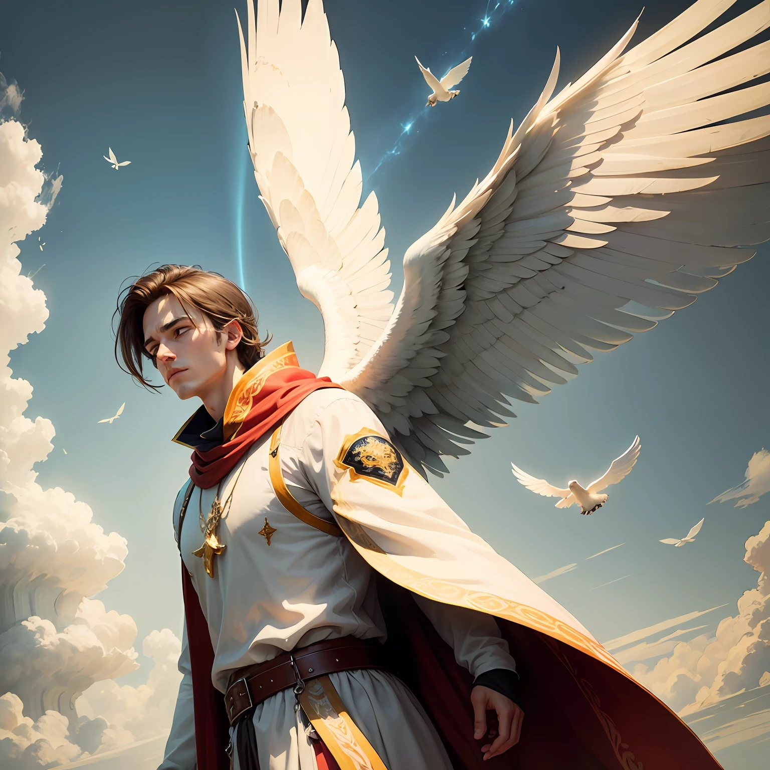 Handsome man, brown hair, white tunic, large white wings, flying in the sky, archangel, divine light< baggy clothes, serene face