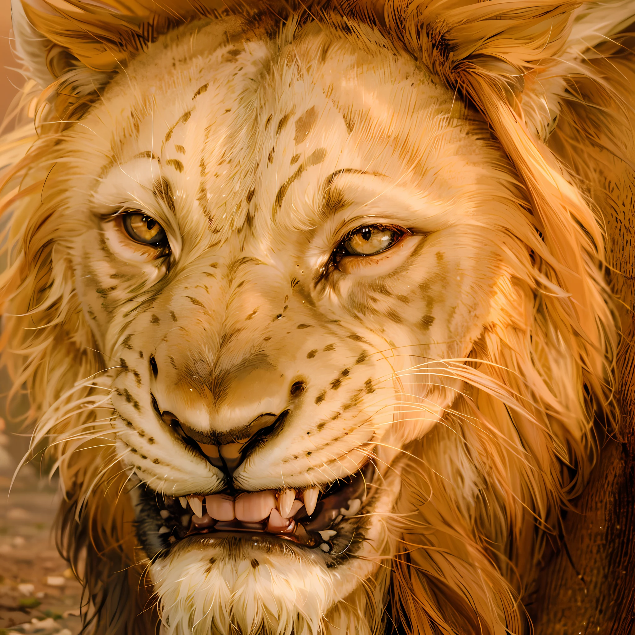 Realistic, colorful, aggressive, roaring lion, paint, oil, white teeth