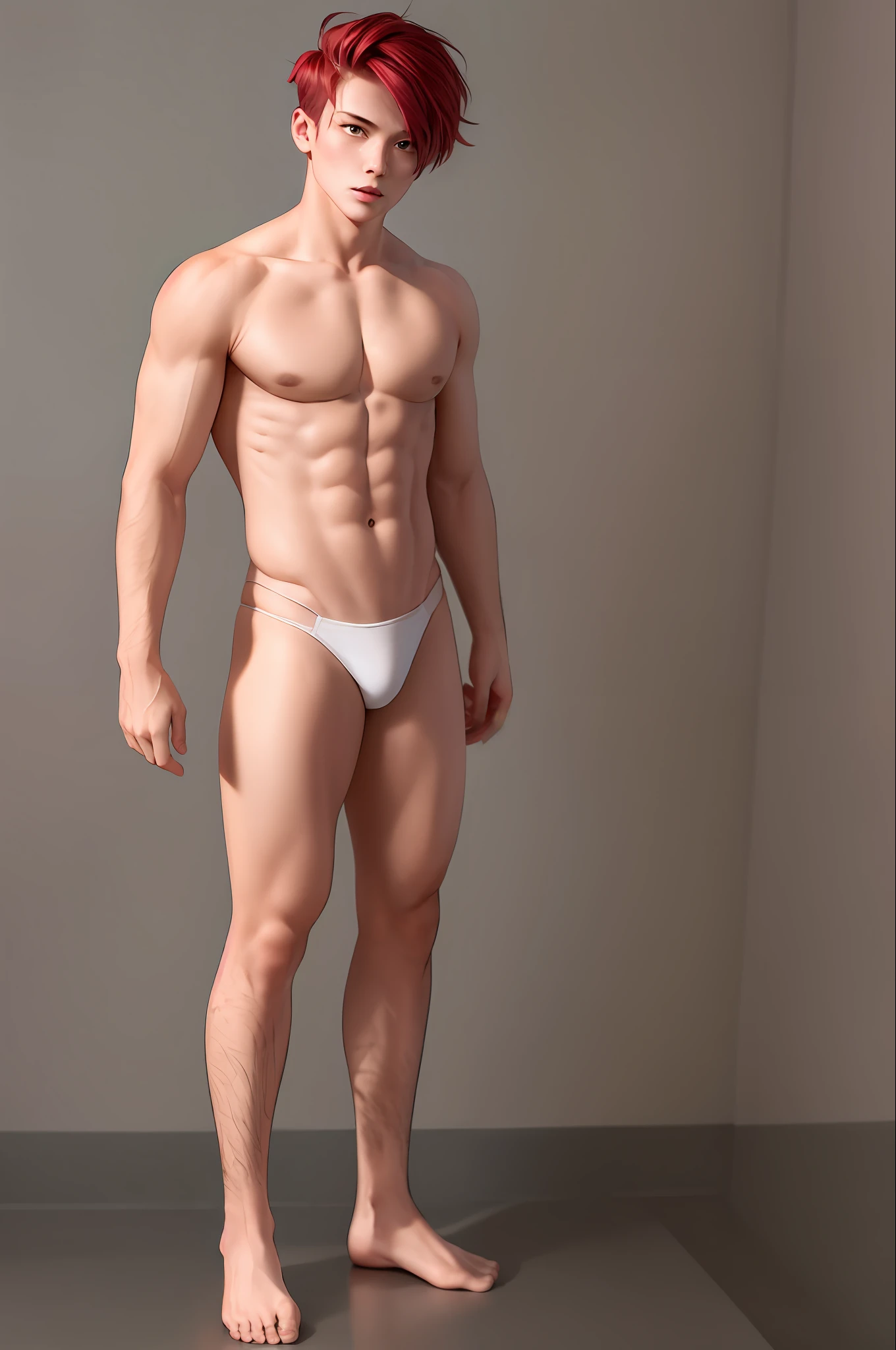 Naked man, red hair, different pupils, white skin, full body photo