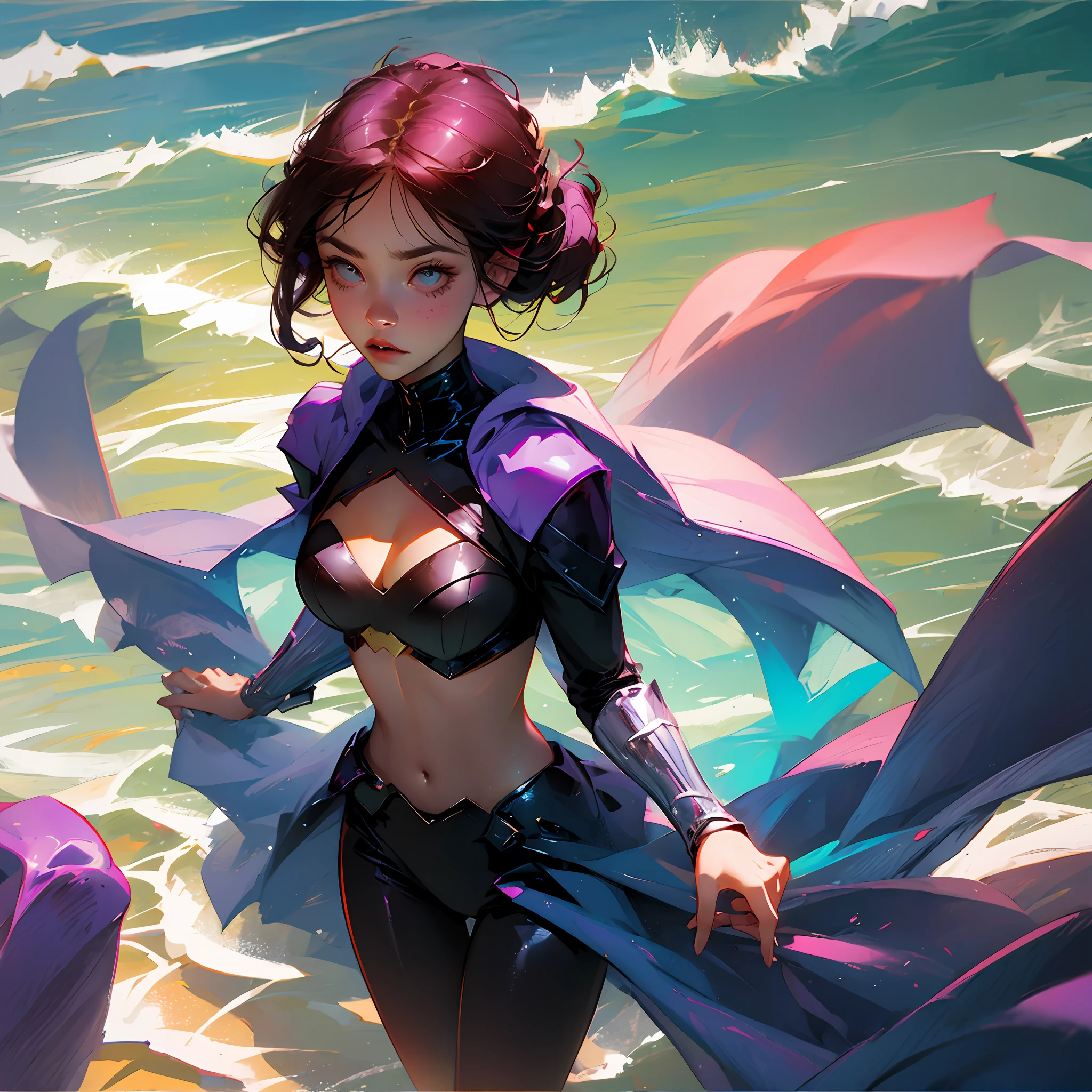 Batgirl on the beach in black bikini, medium breasts --auto