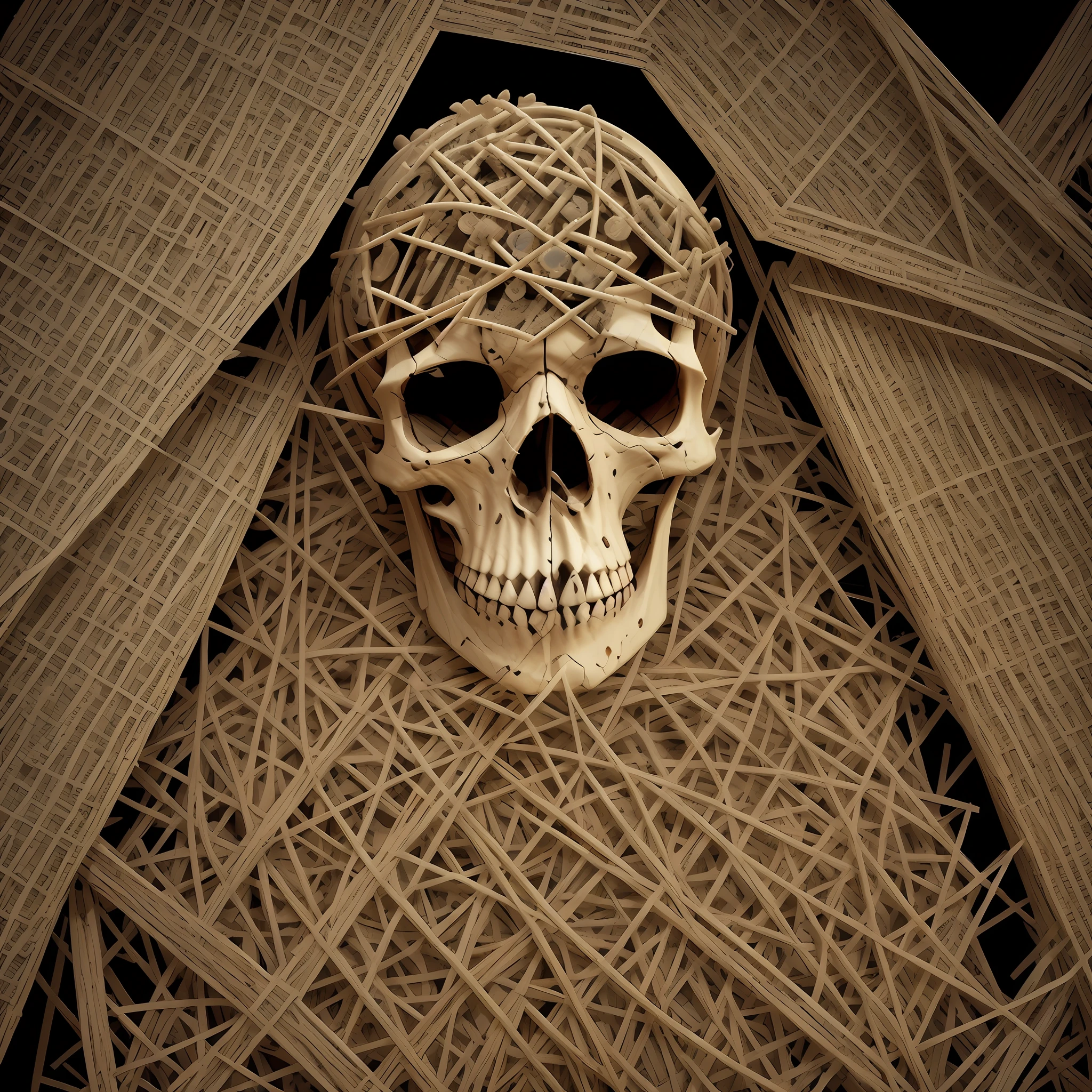 arafed image of a skull with a head made of sticks, textured detailed skeleton, made of intricate lace skeleton, intricate skeletal decorations, skull, photo taken of an epic intricate, thomas veyrat intricate, skullish, skeleton, by Artur Tarnowski, skeletal, intricate greg rutkowski, sergey zabelin, anton semenov, skelleton