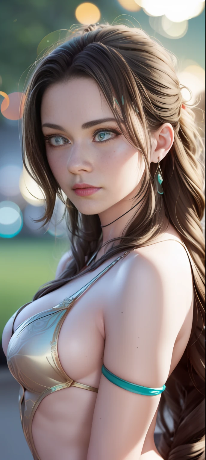 hyper realistic, ultra detailed photograph of a barbarian woman, ((Jade ocean:1.25)), golden jewelry, shiny, sunlight fractal details, (Anna Steinbauer:1.5), depth of field, HOF, hall of fame, detailed gorgeous face, apocalyptic environment, natural body posture, professional photographer, captured with professional DSLR camera, trending on Artstation, 64k, ultra detailed, ultra accurate detailed, bokeh lighting, surrealism, Thomas Kinkade background, urban, ultra unreal engine, ((Pauline Voß)), ((Pascal Quidault)), ((Anna Helme)), Martina Fackova, intricate, epic, freckles, peach fuzz, detailed mascara