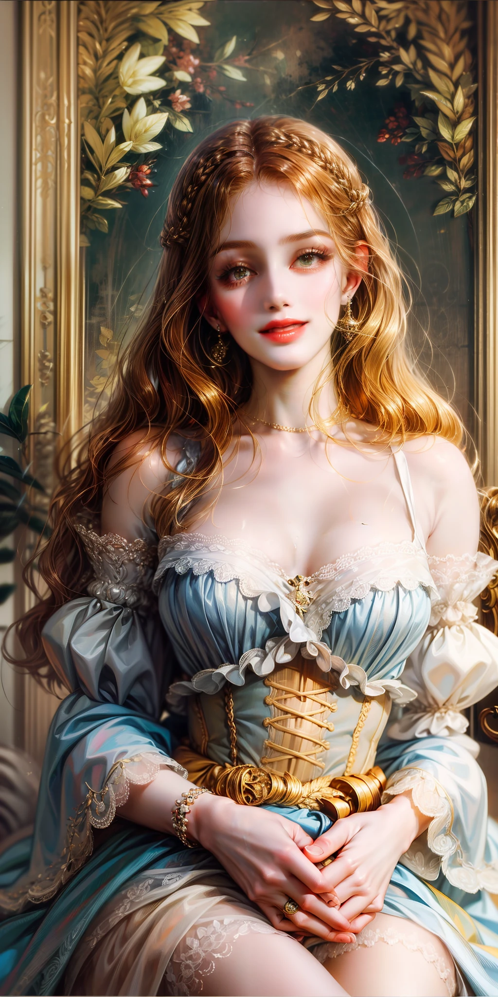 Peerless women, Louvre frescoes, Leonardo da Vinci master painting style, Monlarissa smile, aesthetic, oil painting, thick painting, delicate facial makeup, blonde hair, long hair and waist, long eyelashes, dark brown pupil eyes, exquisite nose, lip balm, beautiful posture, graceful curves, plump ideal type, medium chest, perfect hands, hands, 18th century 50s European French aristocracy Louis, fluffy skirt, loose round sleeve top