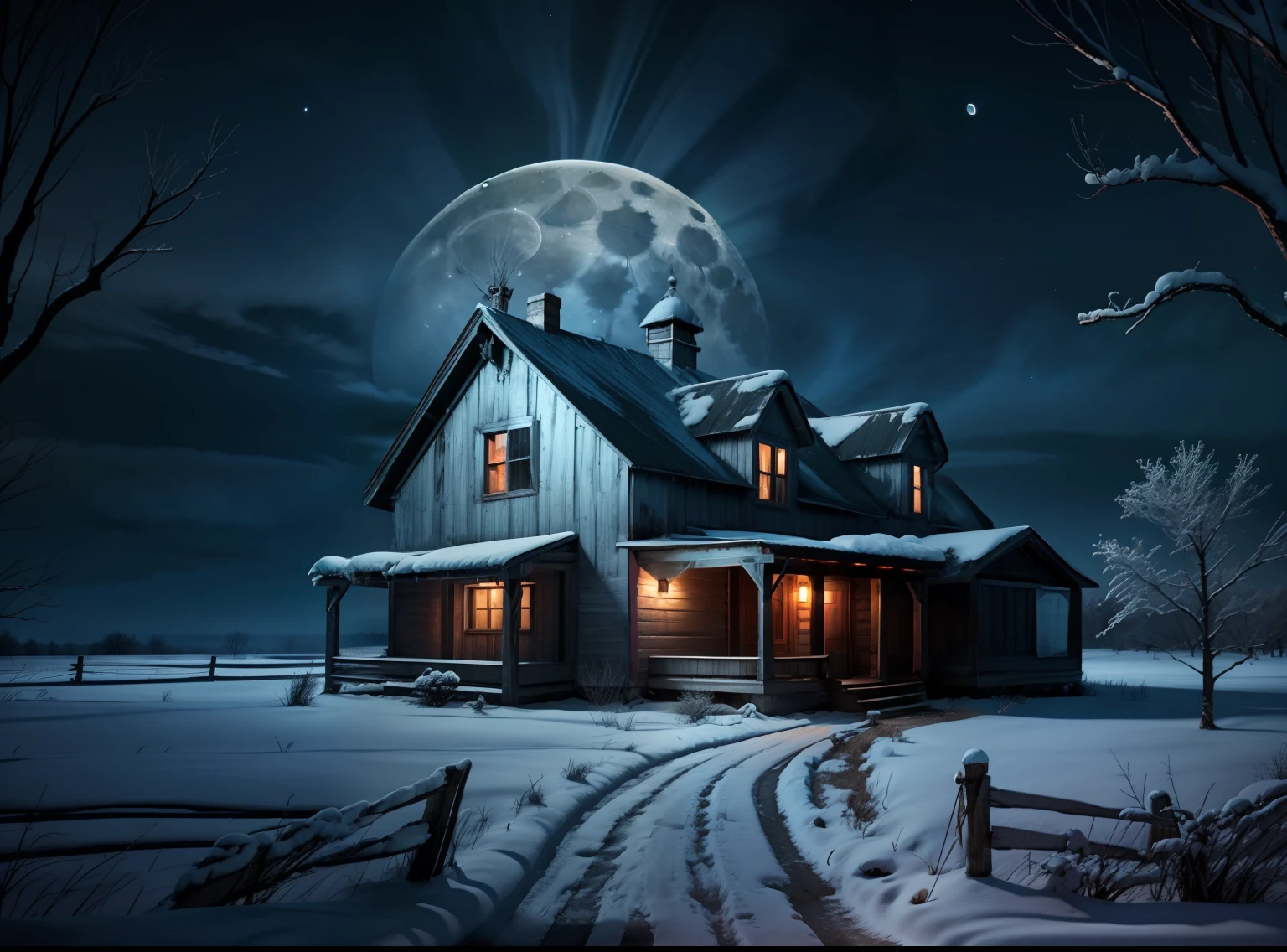 Old farmhouse in 4k in blue and white with scary look at night with full moon