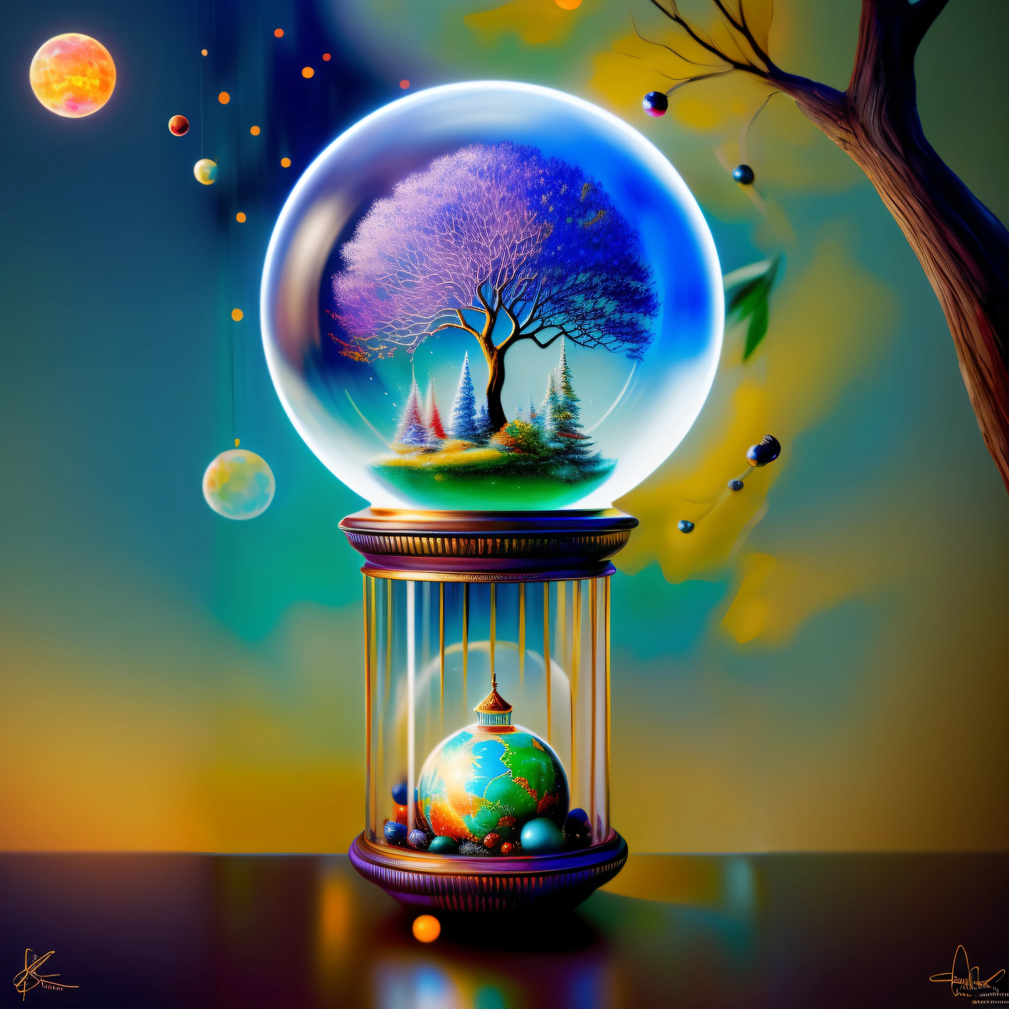 there is a glass ball with a tree inside of it, tree of life inside the ball, world tree, beautiful art uhd 4 k, epic surrealism 8k oil painting, magical realism painting, the world tree, magic world. colorful, surrealism 8k, digital art fantasy, detailed painting 4 k, surrealistic painting, 4k highly detailed digital art