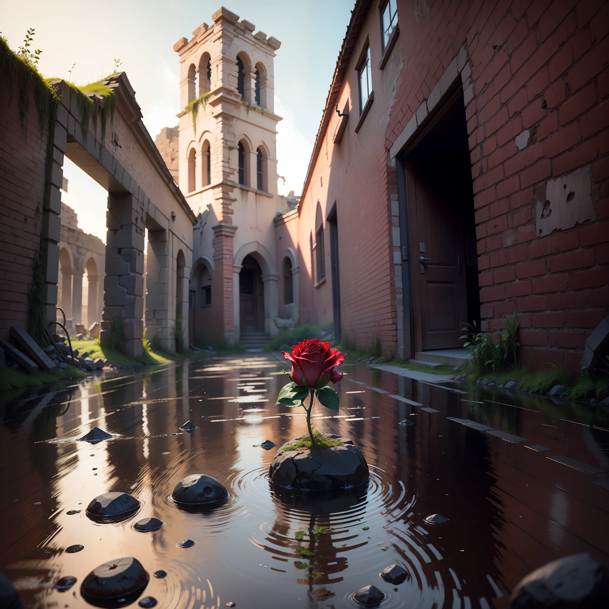 Masterpiece, best quality, 8k, A red rose, on black, wet stones, in a ruin of ancient civilization --auto