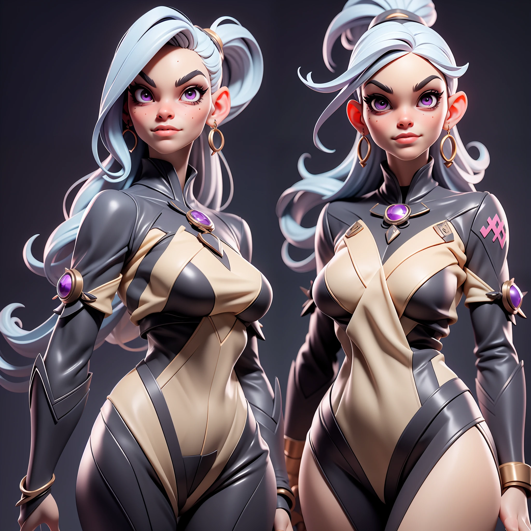 (Masterpiece), (Excellent), (Super Meticulous), (Full Body: 1.2), realistic and proportional human body:1.2, gorgeous Woman, Female dark elf, Sexy, small breasts, small waist, thick tighs, white hair stylized in a high ponytail:1.2, solo, 1 girl, hyper detailed medieval style necromancer clothes:1.2, big realistic purple eyes:1.2,  hyper detailed face, d&d iconic character, hyper natural realistic skin, herbal tattoos on her neck,Very Clean Face, Black Eyes, Confident Smile, 3D character design, CGI extreme detailed wallpaper digital art, cartoon style correct anatomy, octane render, fierce expression on her face, volumetrics