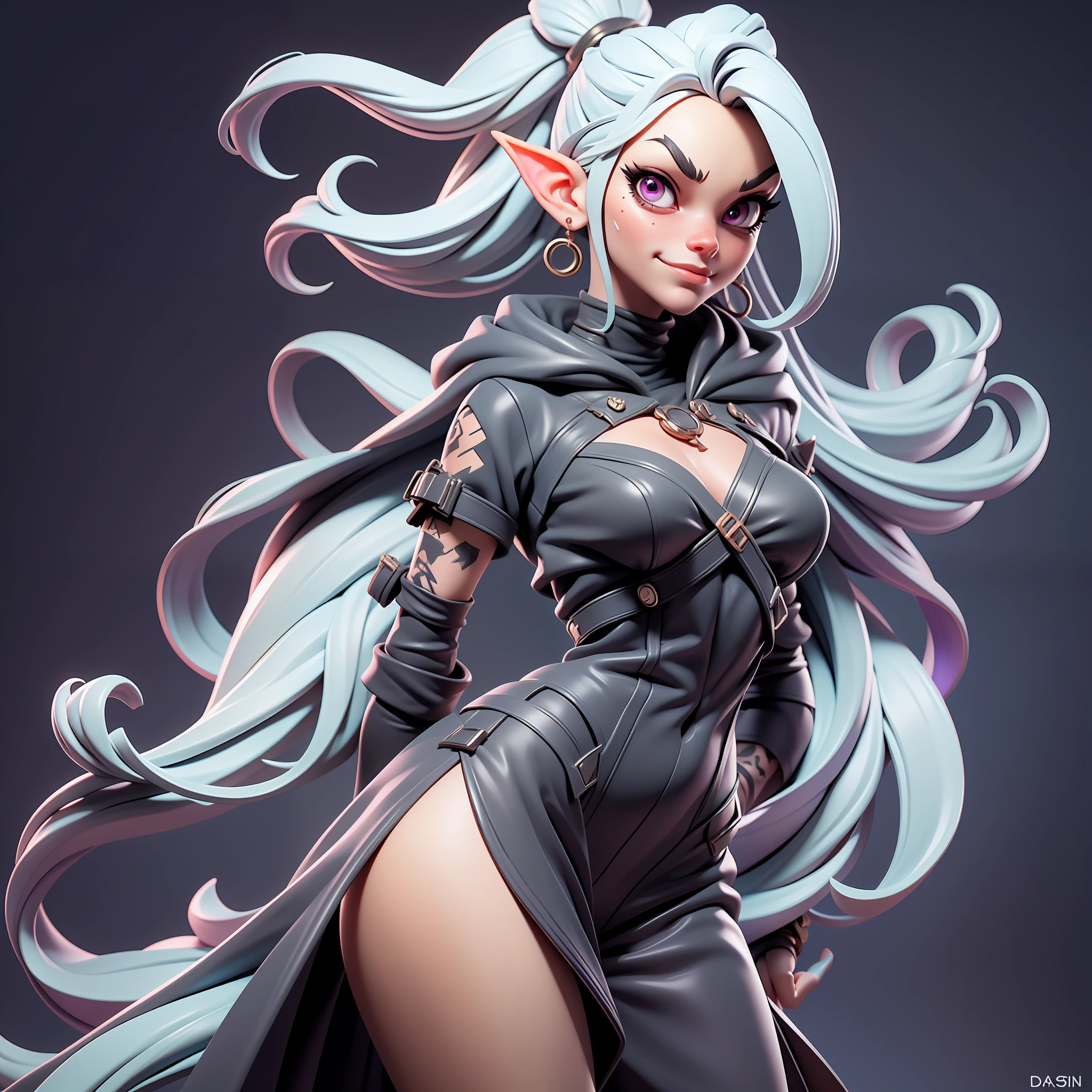 (Masterpiece), (Excellent), (Super Meticulous), (Full Body: 1.2), realistic and proportional human body:1.2, gorgeous Woman, Female dark elf, Sexy, small breasts, small waist, thick tighs, white hair stylized in a high ponytail:1.2, solo, 1 girl, hyper detailed medieval style necromancer clothes:1.2, big realistic purple eyes:1.2,  hyper detailed face, d&d iconic character, hyper natural realistic skin, herbal tattoos on her neck,Very Clean Face, Black Eyes, Confident Smile, 3D character design, CGI extreme detailed wallpaper digital art, cartoon style correct anatomy, octane render, fierce expression on her face, volumetrics