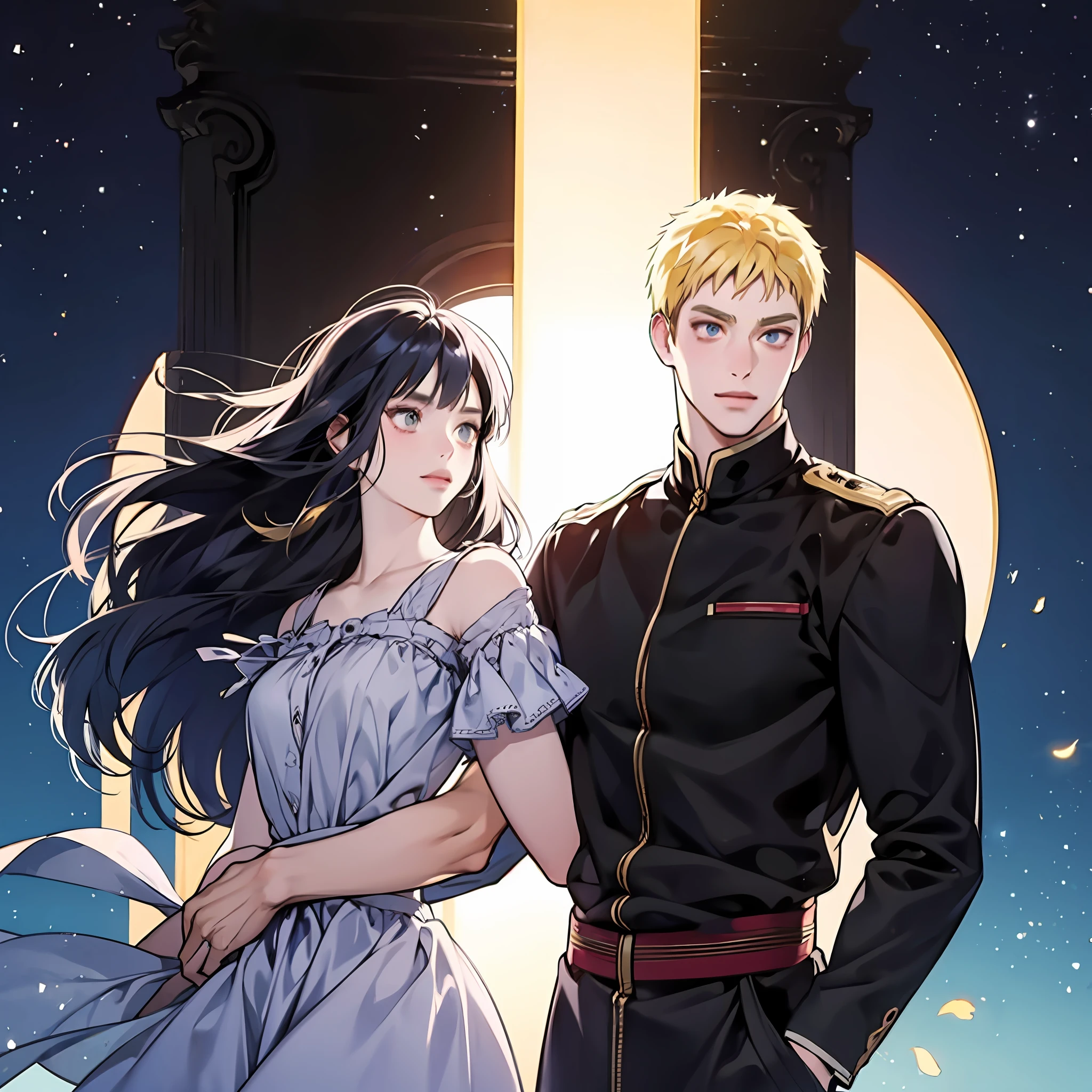 blonde man, dark blue hair girl, naruhina, hug, masterpiece, couple, standing, royalti, nobility