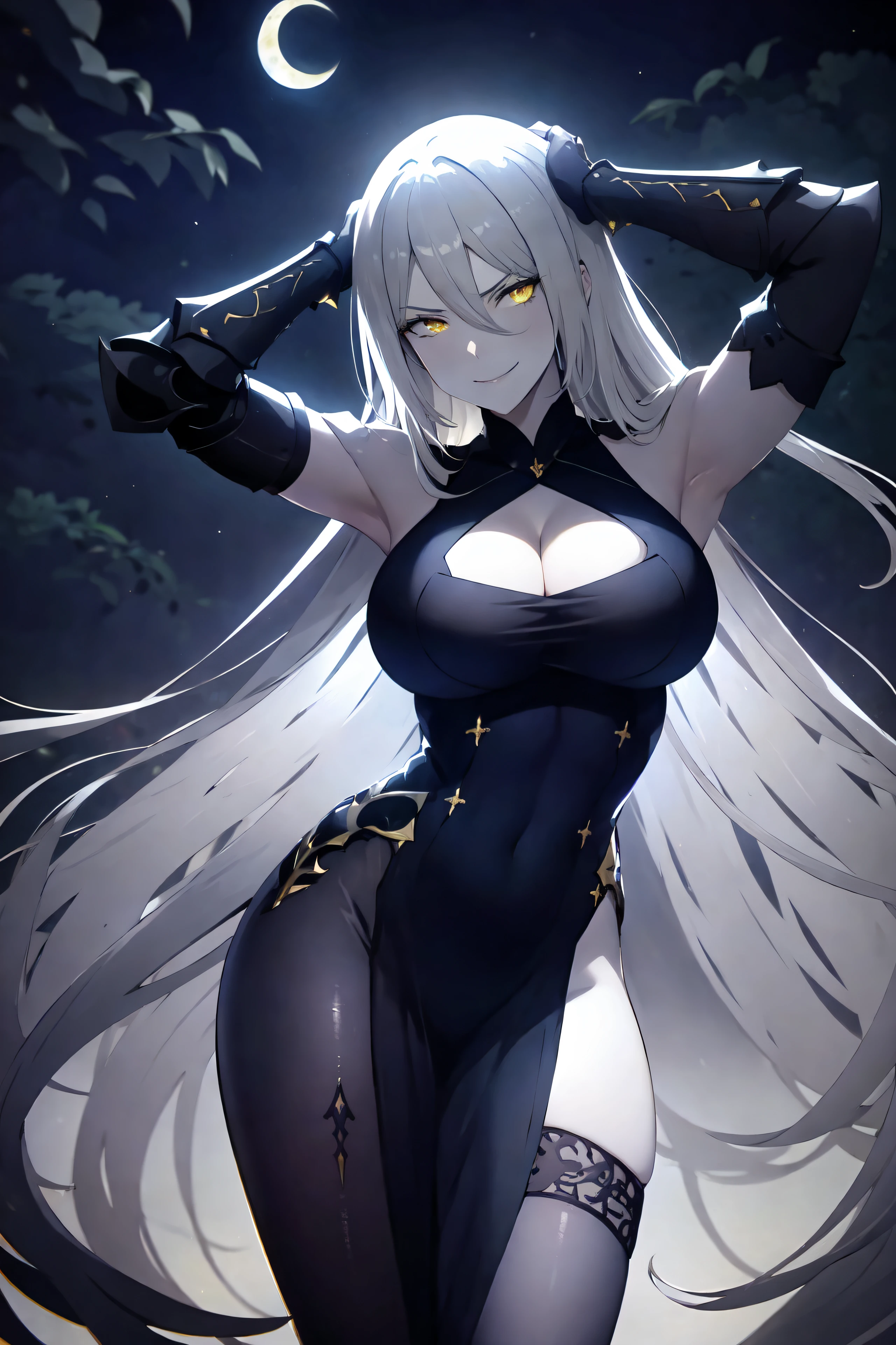 masterpiece, best quality, detailed eyes, vivid color, detailed skin, 1girl, velanna, mature female, large breasts, cleavage, dress, gauntlets, gray hair, long hair, looking at viewer, shoulder armor, solo, thighhighs, very long hair, yellow eyes, hip vent, asymmetrical clothes, black armor, see-through legwear, ornate, vertical stripes,
toned, glaring, light smile, hands behind head,
cowboy shot, outdoors, rose garden, ((((((dark)))))), ((((((rim lighting)))))),night, moon, wind,