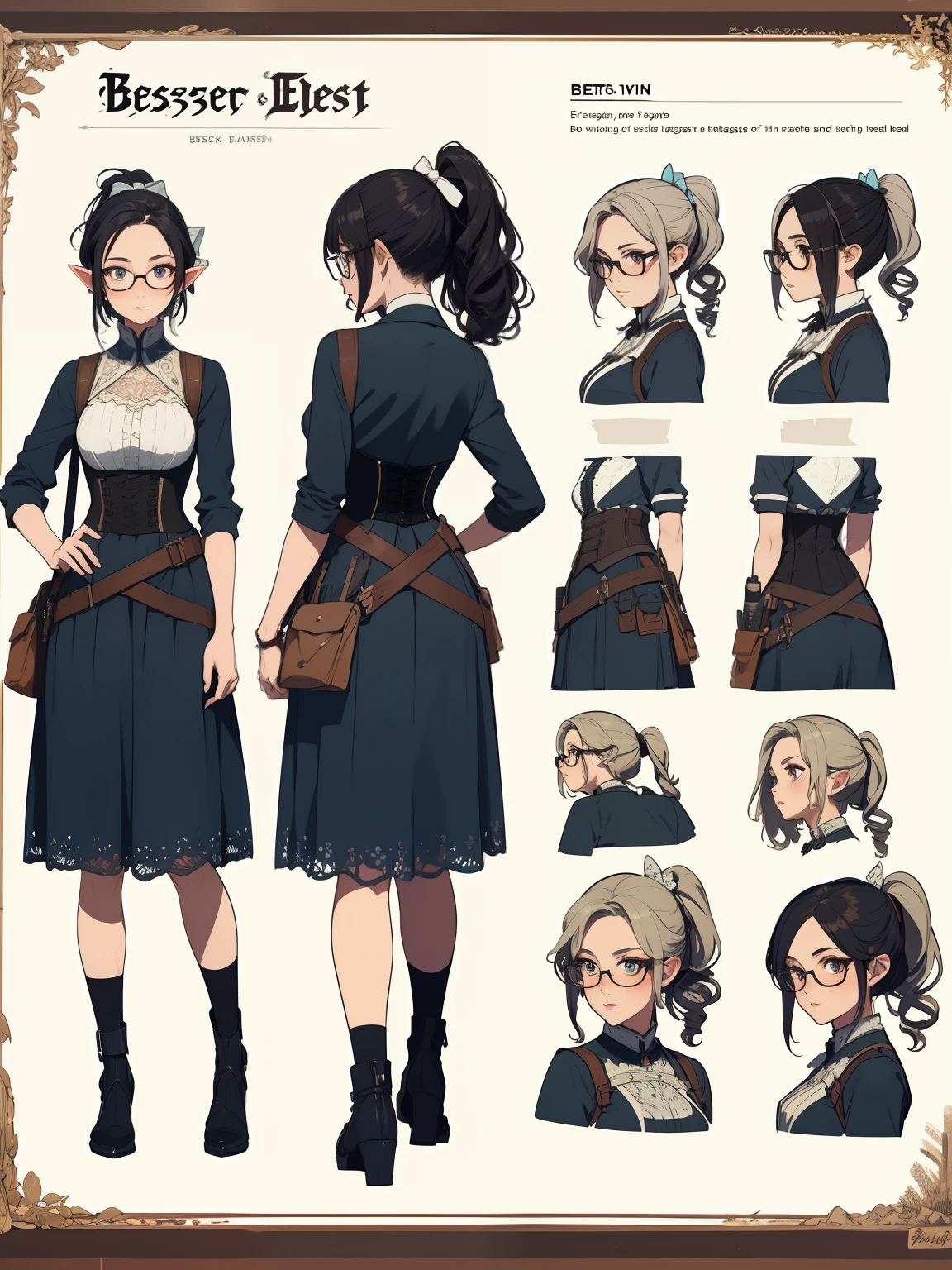 ((masterpiece)),(((best quality))),(character design sheet, same character, front, side, back), elven woman, glasses, black hair, curly hair, ponytail, bows, lace, white blouse, corset, bright blue long skirt, long skirt, satchels, pouches on waist, harness, tool belt, tools, armor, armou