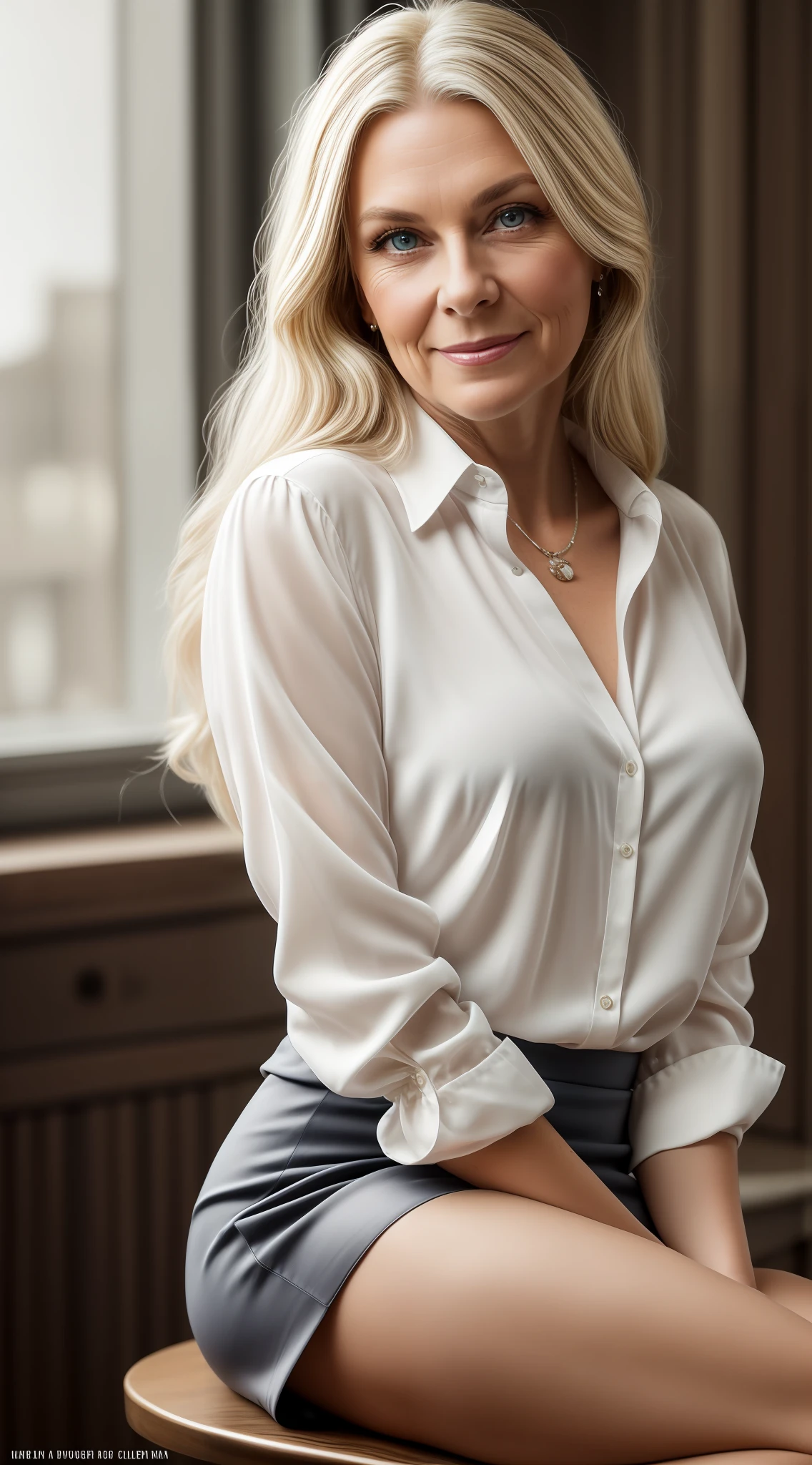 Beautiful 75 year old school teacher with her extremely long blond hair in a braid and big blue eyes sitting over the camera looking down with her arms behind her shoulders holding herself up, wearing a revealing white silk blouse and a short grey pencil skirt, soft smile, beautiful, rose cheeks, cinematic light, soft light, backlit, micro-details, photorealism, photorealistic, cinematic, 85mm 1.4, masterpiece
