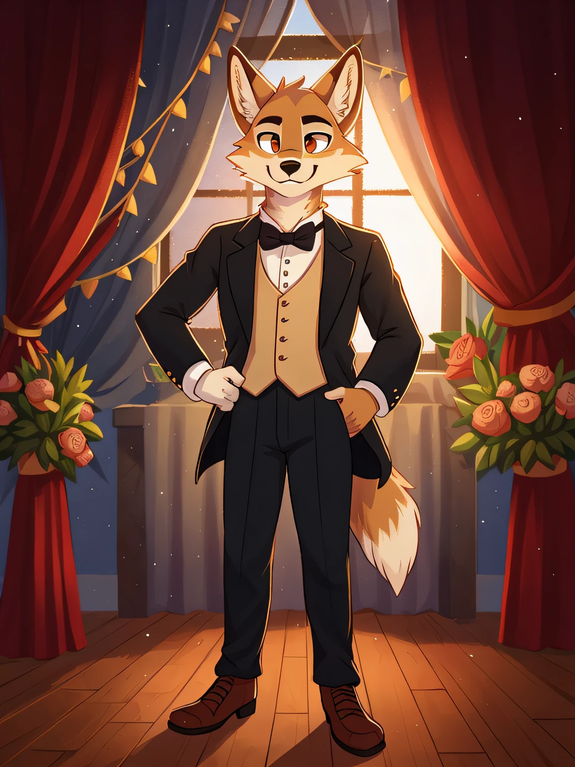 Bright eyes, panorama, character focus solo, furry, furry wolf, male fur, formal wear, young style, height one meter seven, handsome, has a tail, race wolf, contrast, sense of design, composer, conductor, orchestra, staves, concert hall, detailed eyes