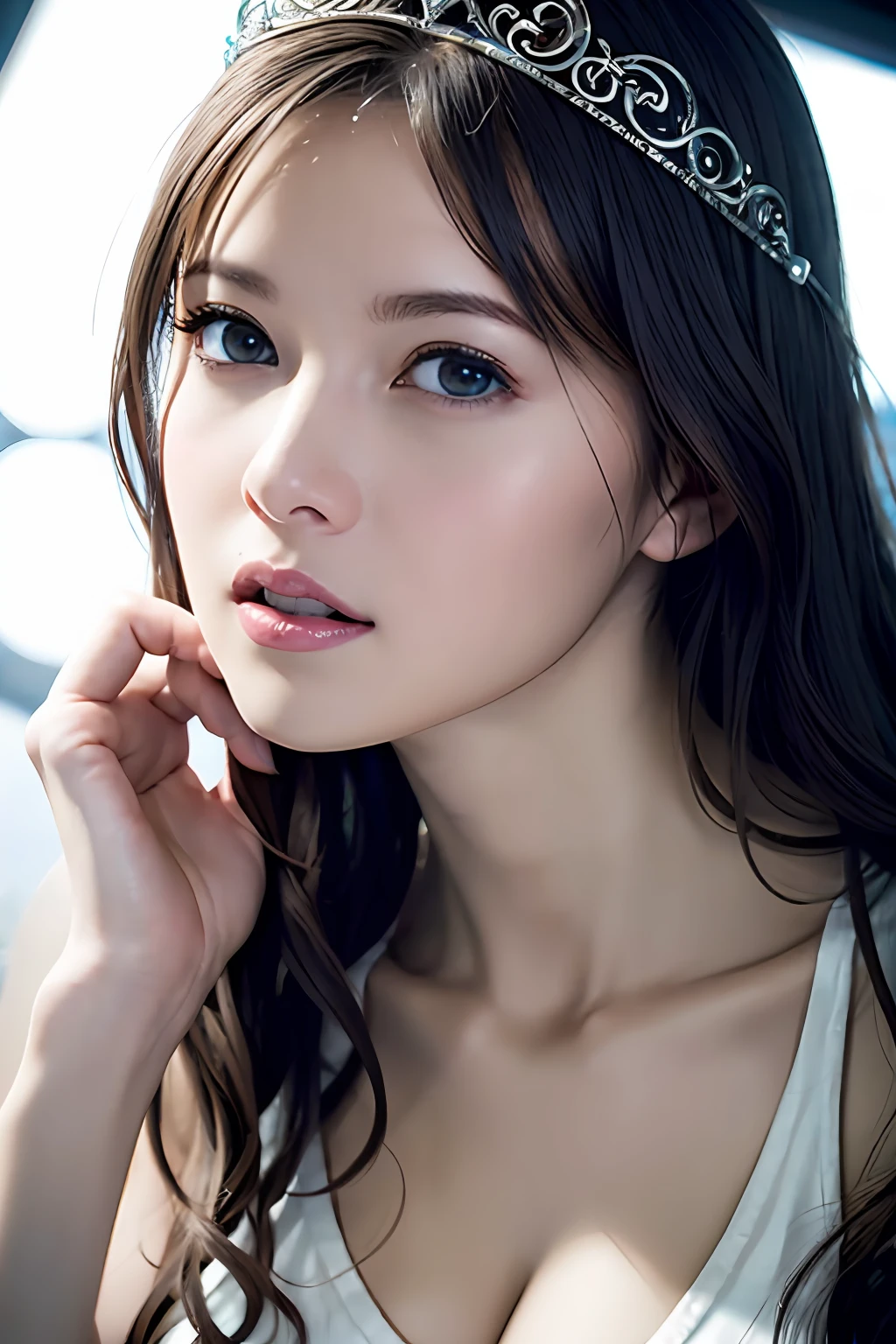 Ultra detailed complex 3D rendering of the face, (big breasts: 8.8), (masterpiece, top quality, octane rendering, 8K), glamour shot full body image, cleavage, (highly detailed skin: 1.2), (exposure: 1.1), (blonde))), (wearing a plummet tank top of white silk: 1.5)), one beautiful Caucasian woman with full soft breasts and white skin with big ass, long braided hair, big breasts, dynamic angle, mystical expression, ultra-realistic photography, (((((portrait))), bare feet, futuristic city background, facial muscles, detailed and beautiful queen tiara, in the style of Marvel Comics, clear focus, studio photography, intricate details, highly detailed, detailed yellow eyes, sharp focus, digital rendering, professional, abs, shot with Canon EOS R 6, ((Sexy Pose)))), Natural Jungle, Lightly Open Mouth, Mansuji, Crotch Open, Seductive Look, Angel Ring,