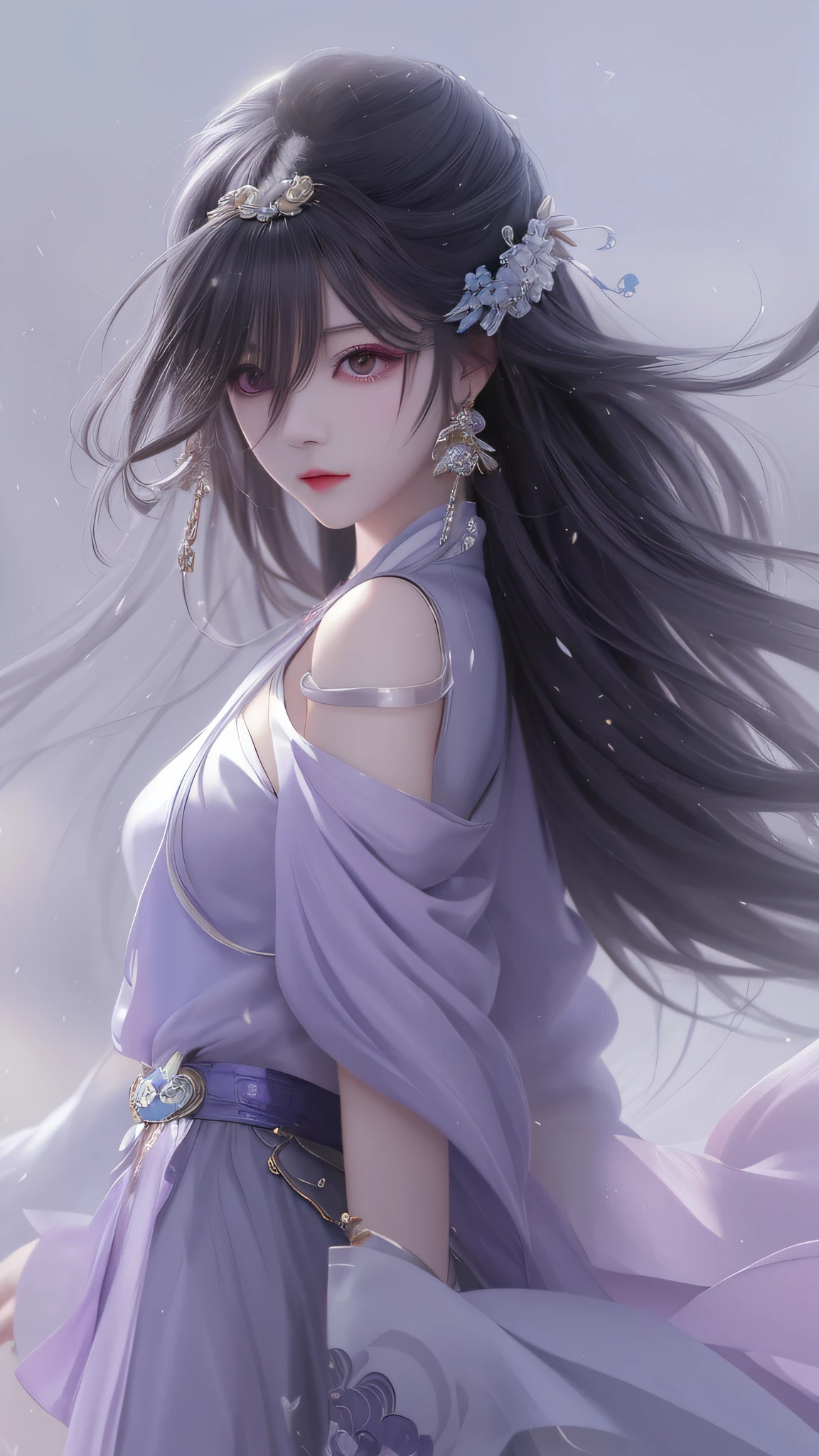 Long-haired anime girl in lilac dress, young wind spirit dressed neatly, Guviz, beautiful anime girl, beautiful anime woman, blindfolded with lilac silk, Yang J, Li Song, beautiful and seductive anime woman, Zhou Fang, Guvez style artwork, long-haired anime girl, beautiful character painting, Zhou Wenjing