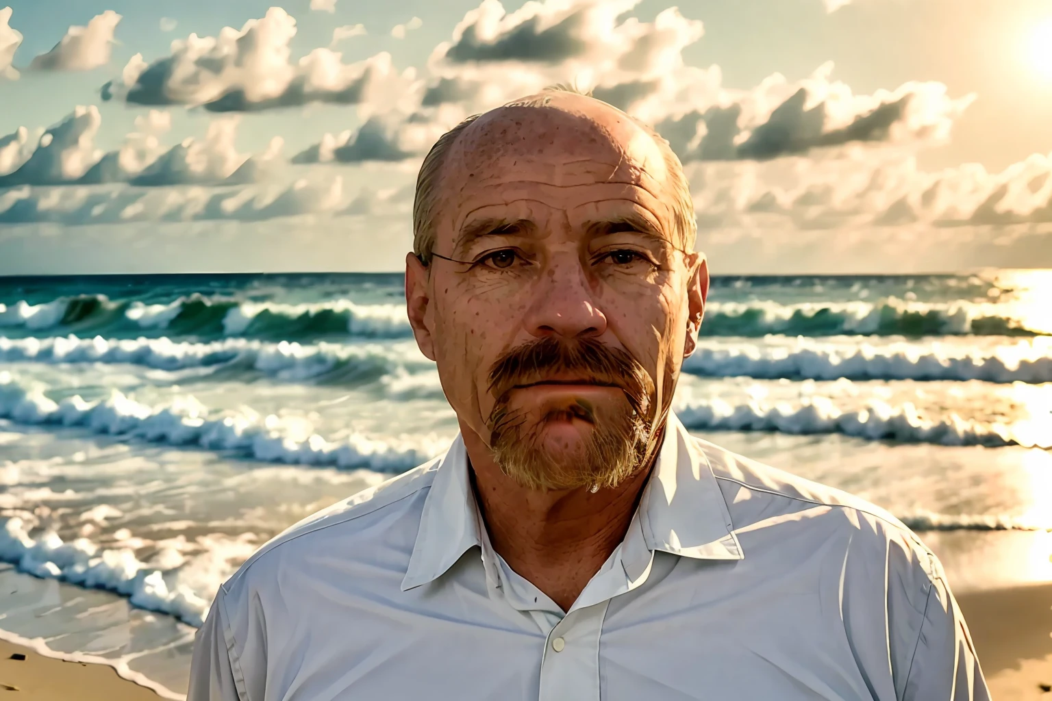 There is a man with a mustache and white shirt, walking on the beach