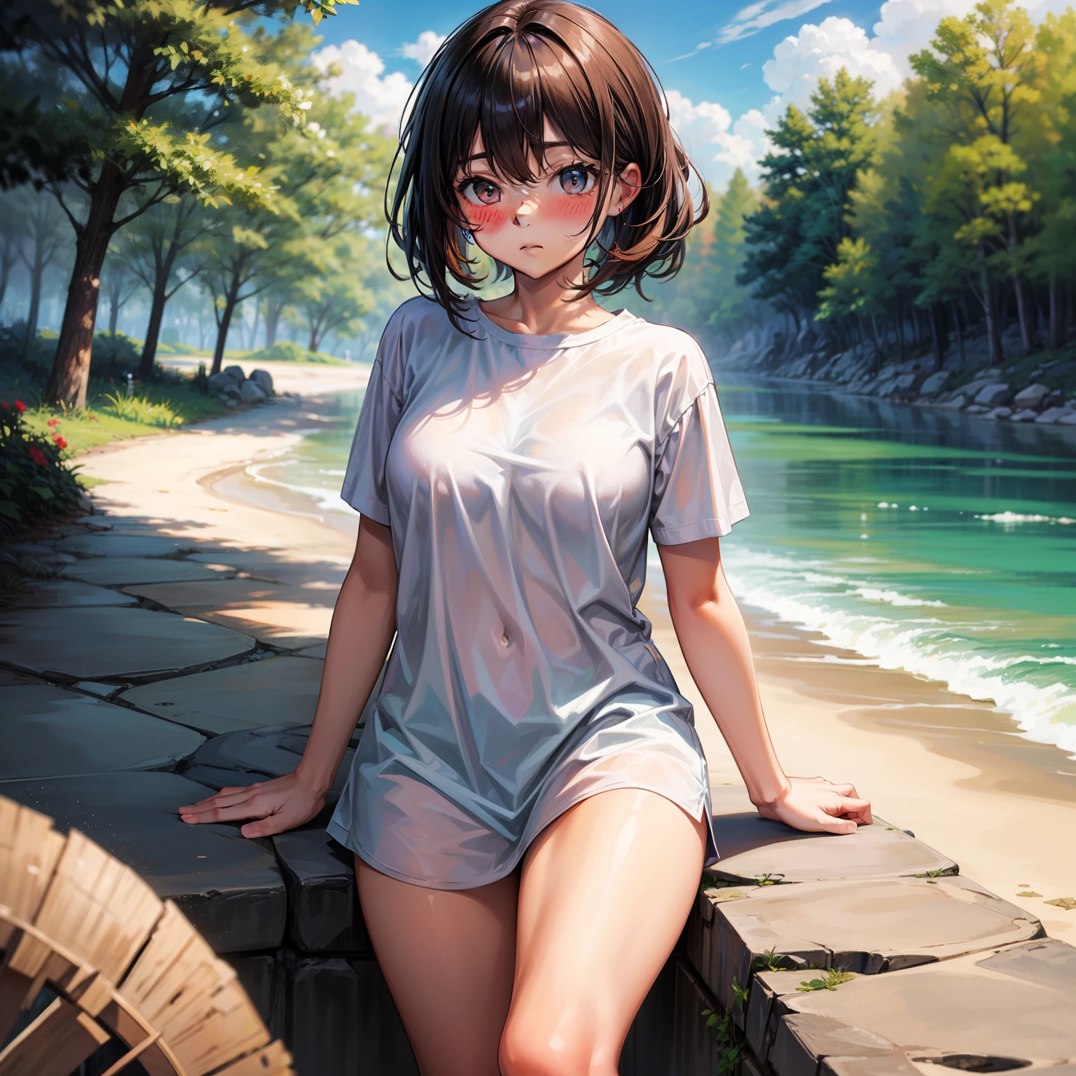 naked shirt, cute, blush, thighs,, sandy