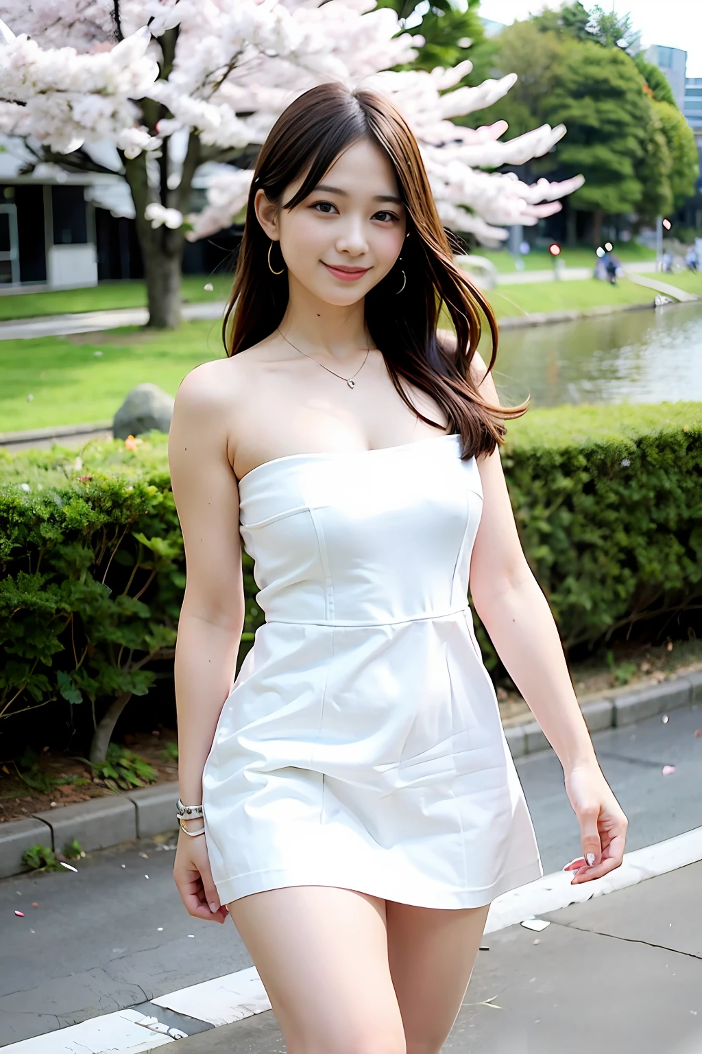 Ultra high quality, live action, 8K, Japan walking under the cherry blossom trees in full bloom of the Sumida River, promenade along the river, Sumida River sailing a houseboat, cherry blossom trees, white mini dress, natural smile, big breasts, beautiful legs, high heels, shoulder bag hanging from shoulders, long hair swaying in the wind, petals fluttering in the wind,
