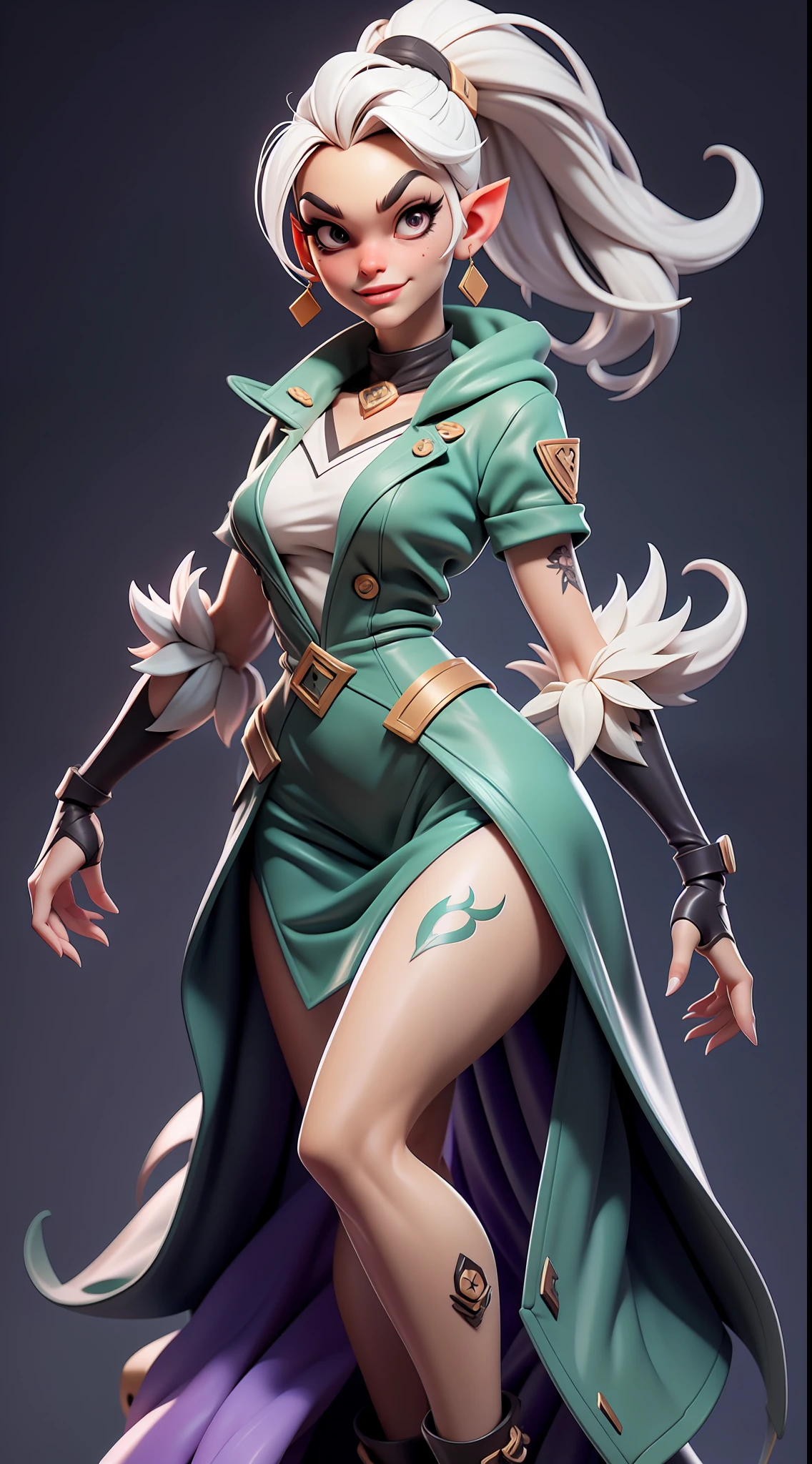 (Masterpiece), (Excellent), (Super Meticulous), (Full Body: 1.2), realistic and proportional human body:1.2, gorgeous Woman, Female dark elf:1.5, Sexy, small breasts, small waist, thick tighs, white hair stylized in a high ponytail:1.2, solo:1.5, 1 girl, hyper detailed medieval style clothes:1.8, big realistic purple eyes:1.2,  hyper detailed face, d&d iconic character, hyper natural realistic skin, herbal tattoos on her neck,Very Clean Face, Black Eyes, Confident Smile, 3D character design, CGI extreme detailed wallpaper digital art, cartoon style correct anatomy, octane render, fierce expression on her face, volumetrics