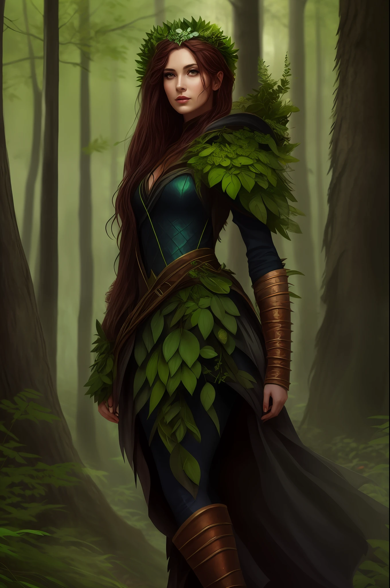 arafed woman in a forest with a green plant on her head, snake skin armor forest dryad, female druid, forest hunter lady, beautiful female druid, nature druid, fantasy art behance, queen of the forest, portrait of a female druid, druid goddess, female earth mage, goddess of the forest, alexandra fomina artstation, forest dryad