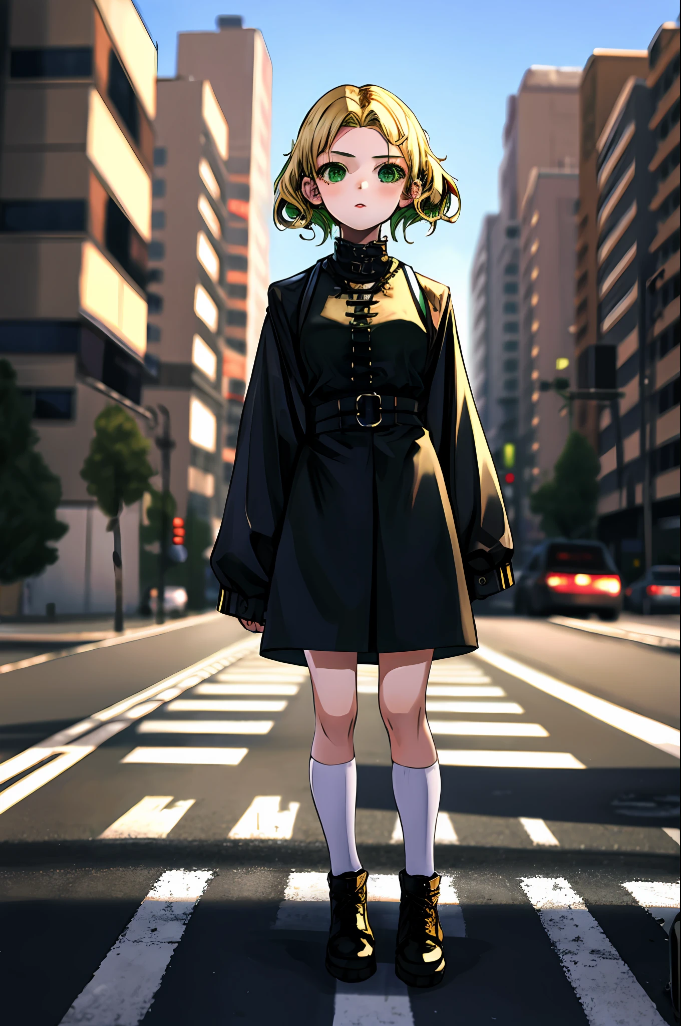 1girl, blonde hair and green eyes, gothic, standing on the road, a lot of people,