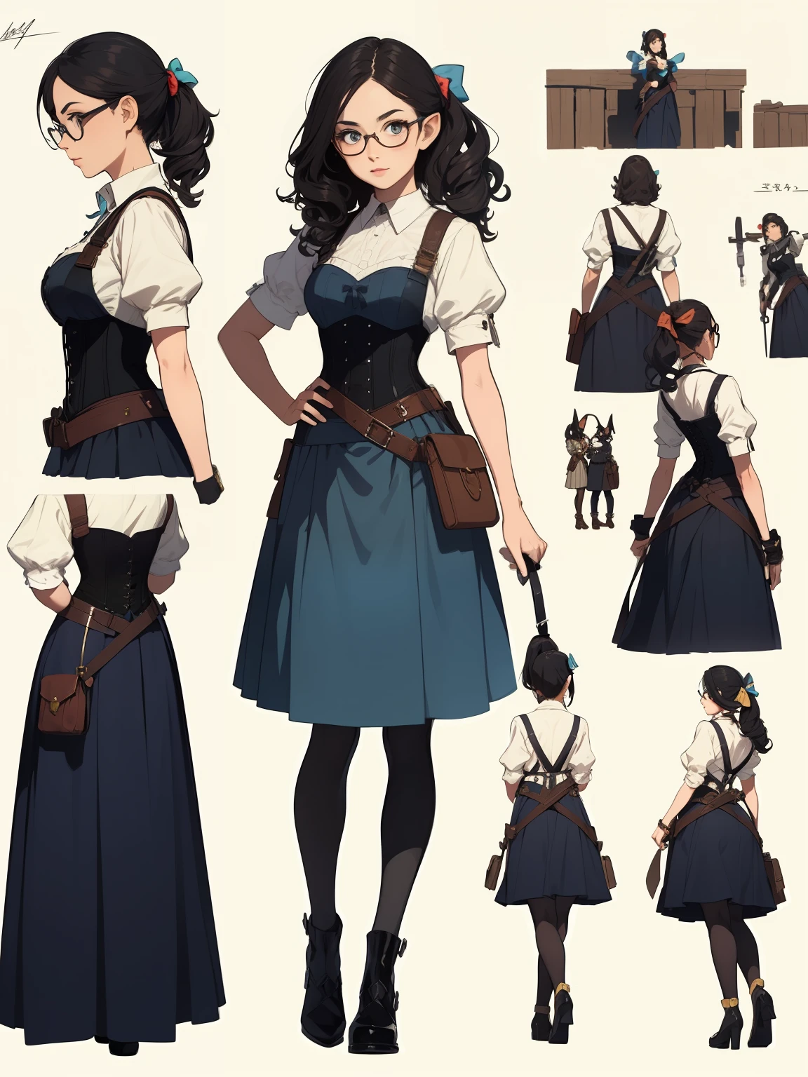 ((masterpiece)),(((best quality))),(character design sheet, same character, front, side, back), elven woman, glasses, black hair, curly hair, ponytail, bows, lace, corset, bright blue, blue long skirt, long skirt, satchels, pouches on waist, harness, tool belt, tools