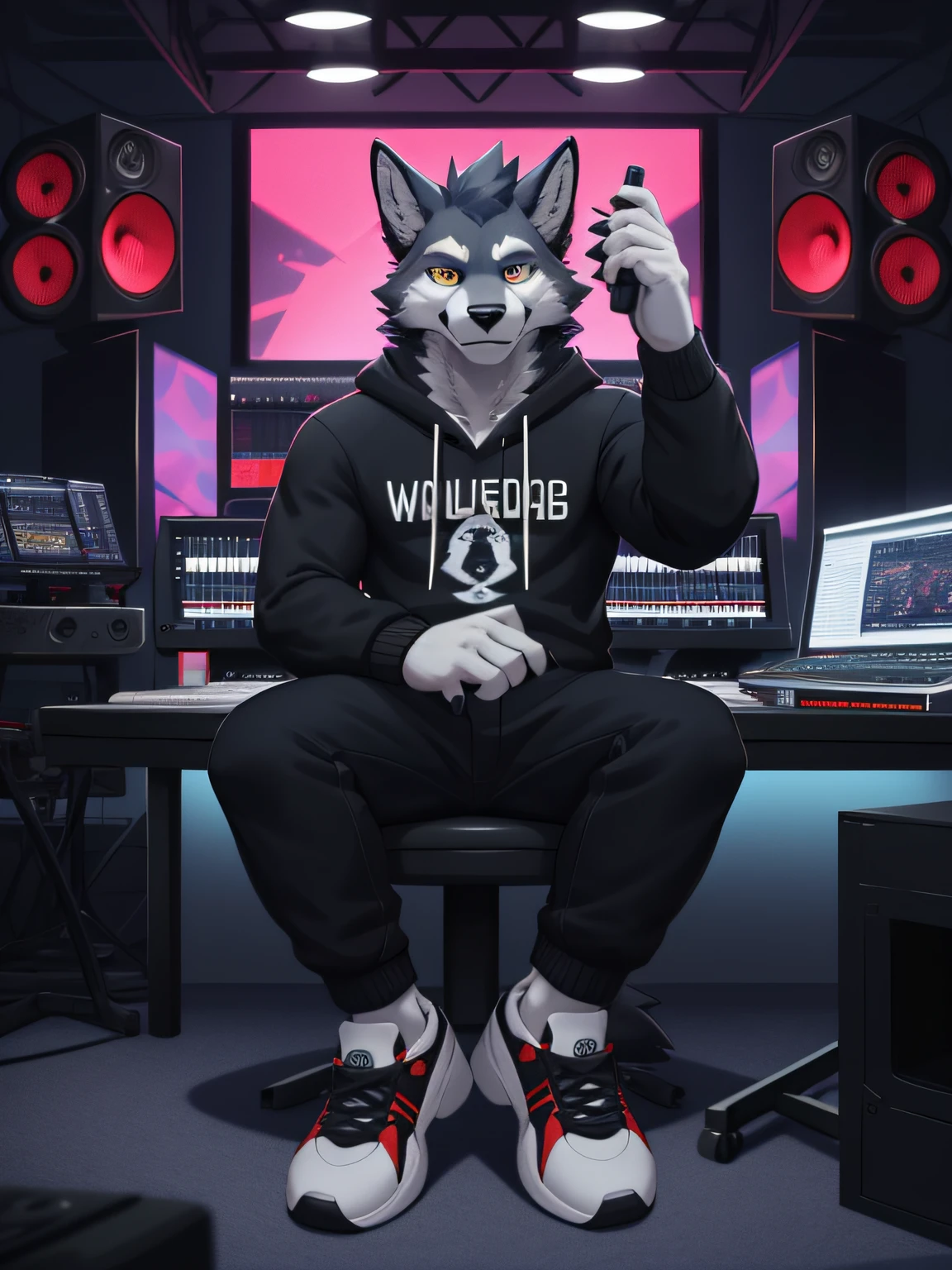 Bright eyes, panorama, character focus solo, furry, furry wolf, male fur, young style, height one meter seven, handsome, has a tail, race wolf, contrast, sense of design, music producer, recording studio, speaker, sitting, sweatshirt