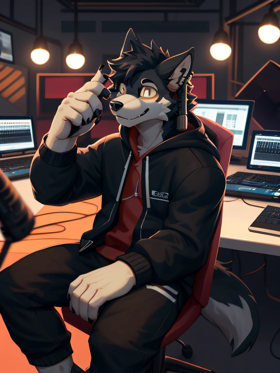 Bright eyes, panorama, character focus solo, furry, furry wolf, male fur, young style, height one meter seven, handsome, has a tail, race wolf, contrast, sense of design, music producer, recording studio, speaker, sitting, sweatshirt