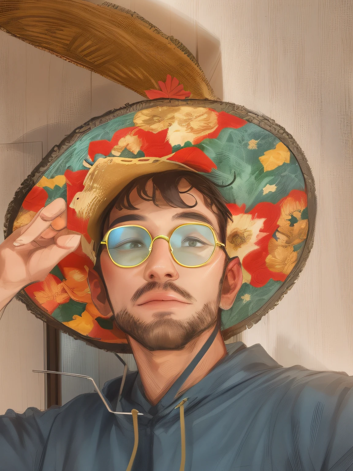 arafed man wearing a sombren and glasses in a room, with a weird hat, he is wearing a hat, wearing a silly hat, wearing sombrero, wearing a travel hat, archwizzard in a hat, it's wearing a cute little hat, wearing a hat, wearing a fisher 🧥, with hat, twitch streamer / gamer ludwig
