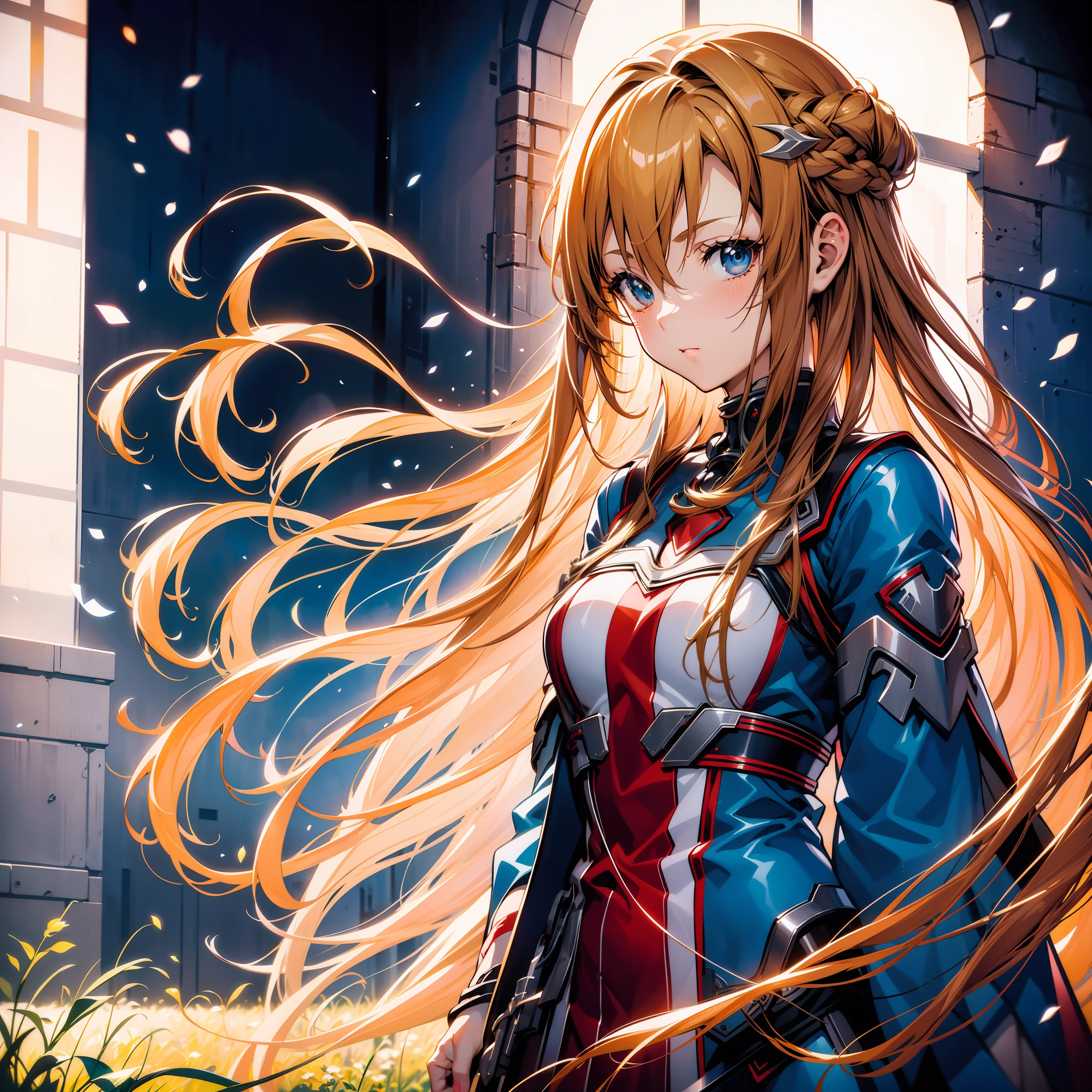 anime girl with long hair and sword in field with sky background, asuna yuuki, asuna from sao, epic light novel art cover, detailed key anime art, anime goddess, portrait of a female anime hero, detailed digital anime art, high detailed official artwork, blonde anime girl with long hair, photo of asuna from sao, anime girl with long hair