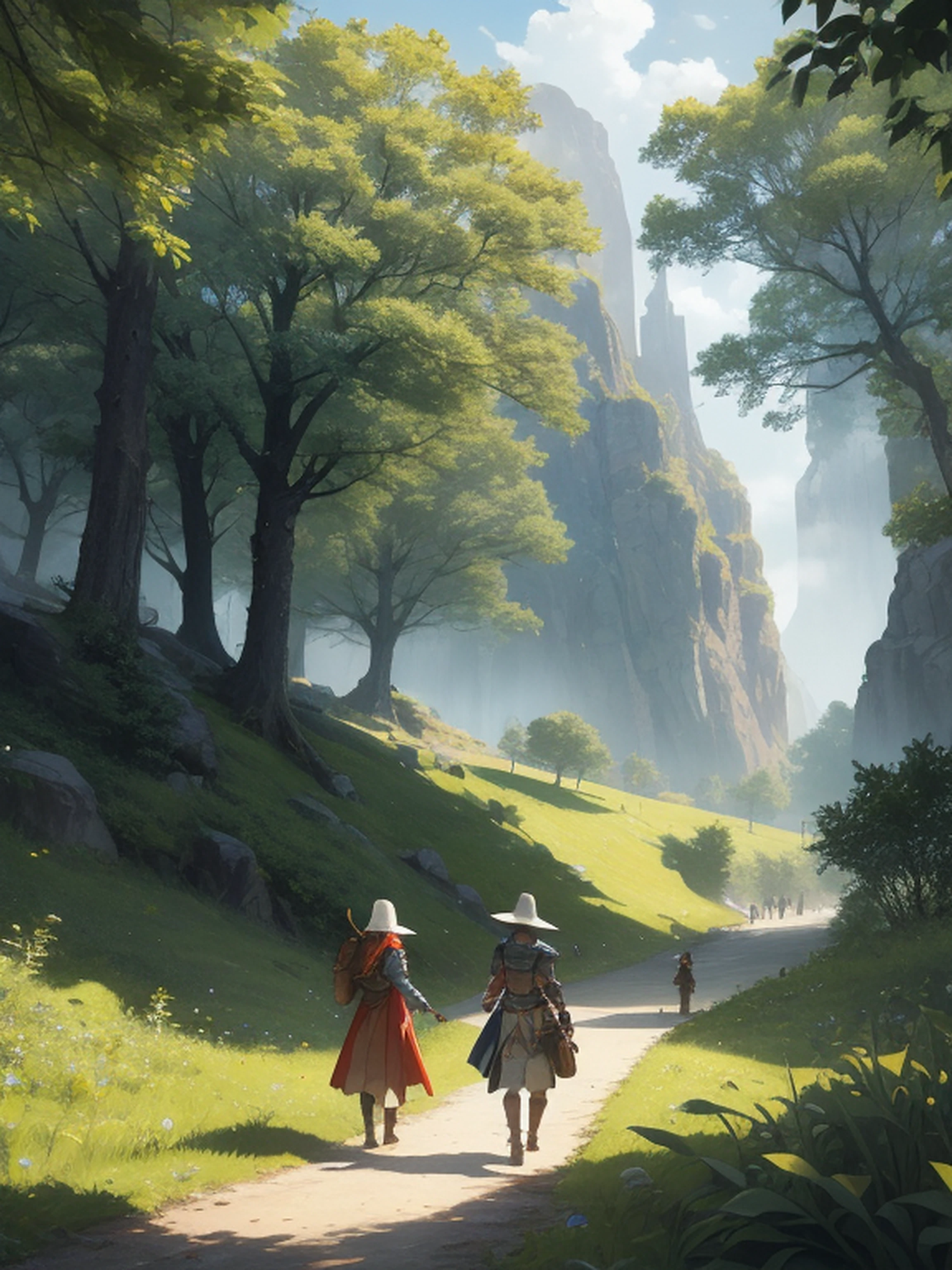 In a green meadow stands a girl leading a group of knights.
BREAK
With a brave expression, she guides them towards their destination.
BREAK
Behind her, a green forest stretches out and beyond that, mountains rise in the distance.
BREAK
The most suitable effect for this scene would be a watercolor painting technique to capture the softness of the meadow and the fluidity of the movement.