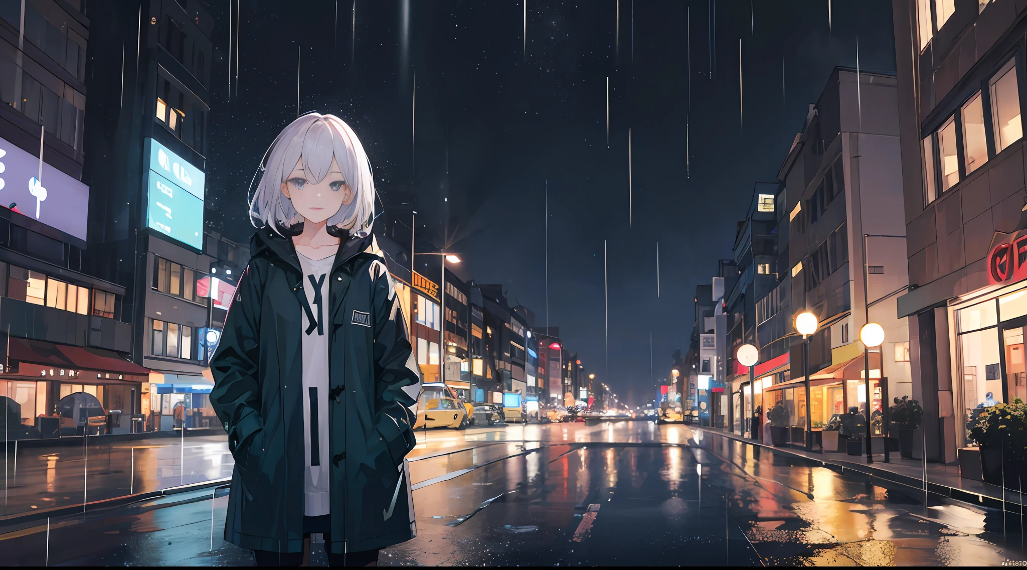 1girl, Night City, rain, coat, hands in pockets