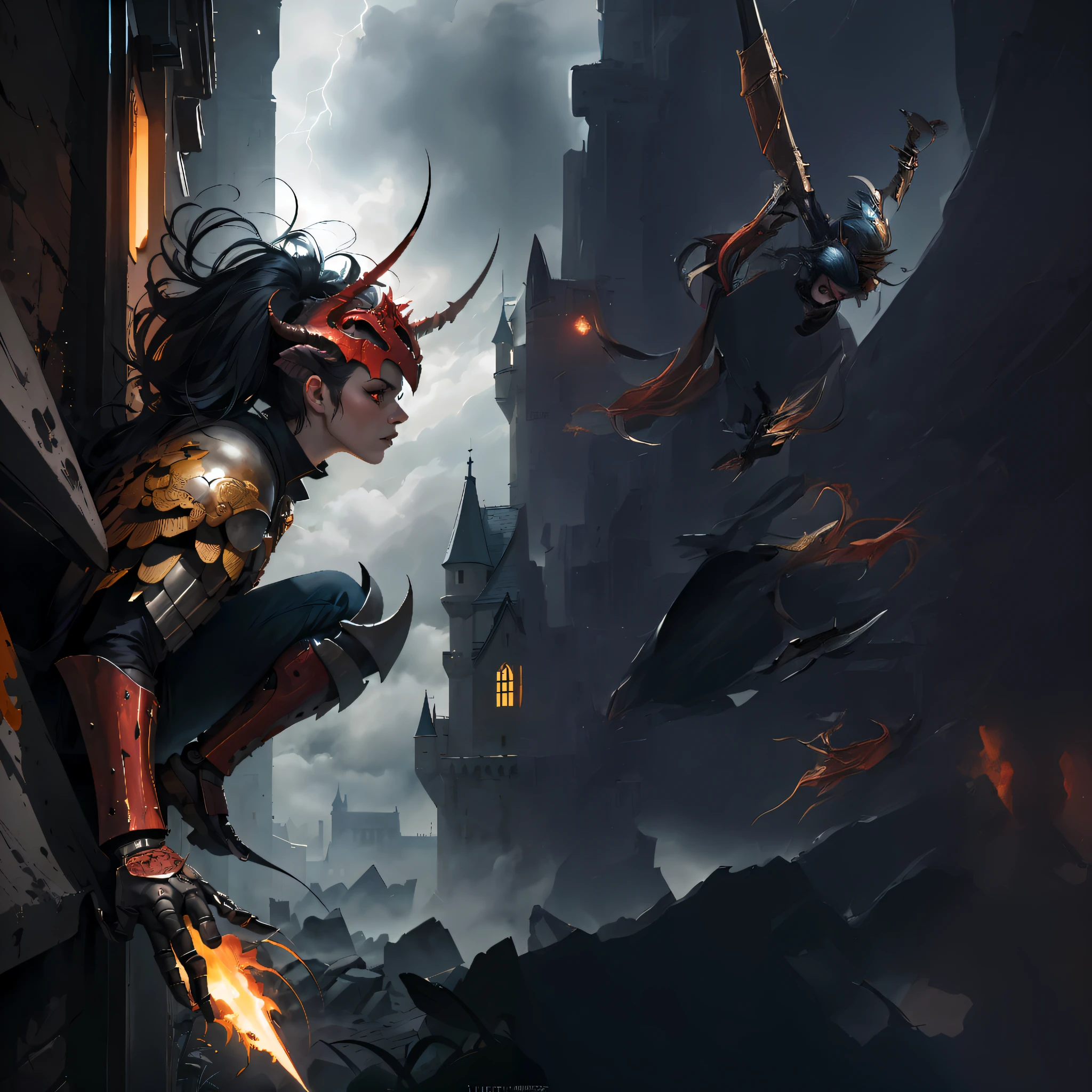 arafed woman in armor flying through the air with a sword, artgerm julie bell beeple, tiefling, wojtek fus, alena aenami and artgerm, guillem h. pongiluppi, krenz cushart and artgerm, artgerm and atey ghailan, by Jeremy Chong, artgerm craig mullins