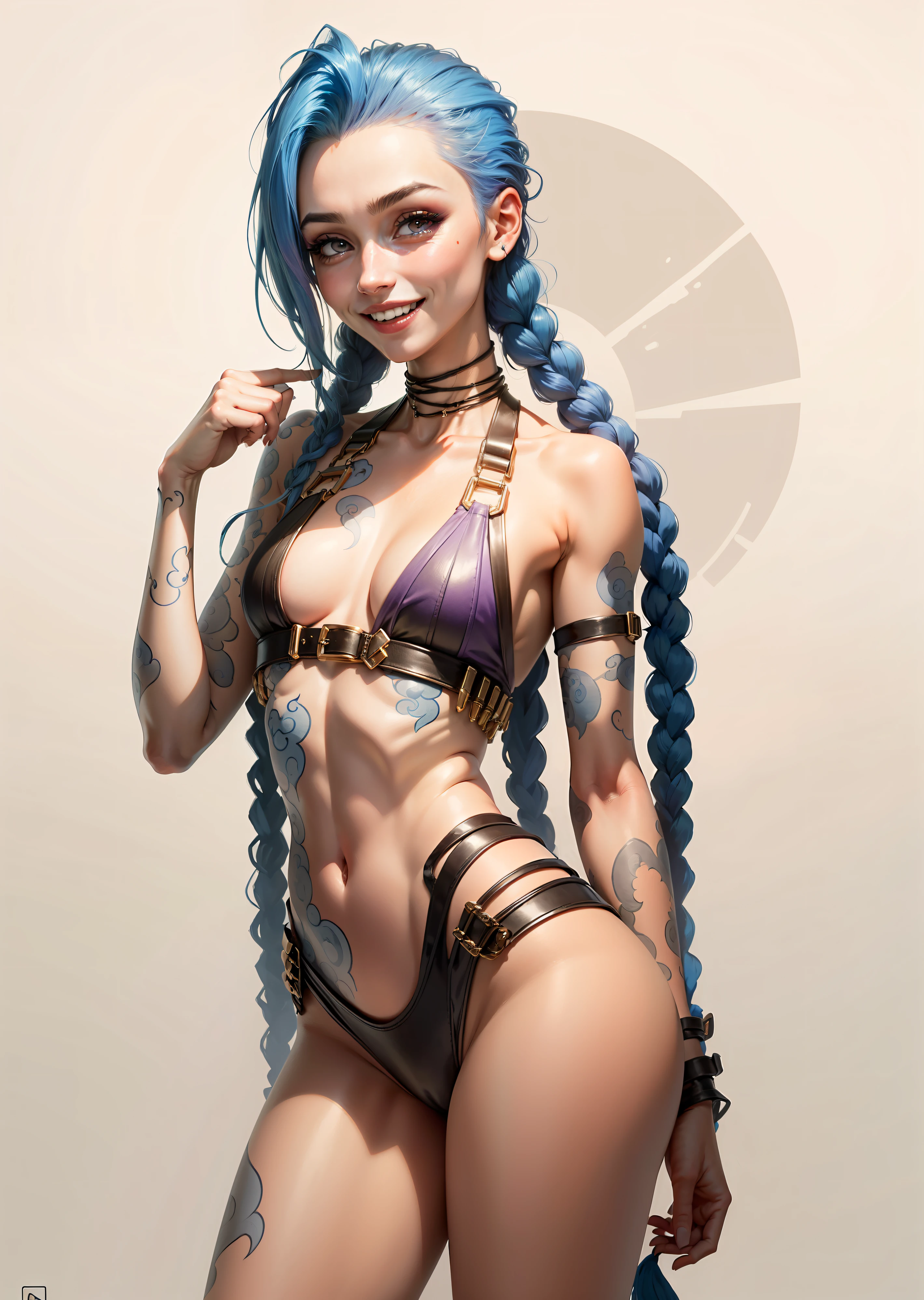 Jinx, white skin, purple iris, beautiful skin hair 2 locks back, happy face, comic smile, beautiful. Blue hair